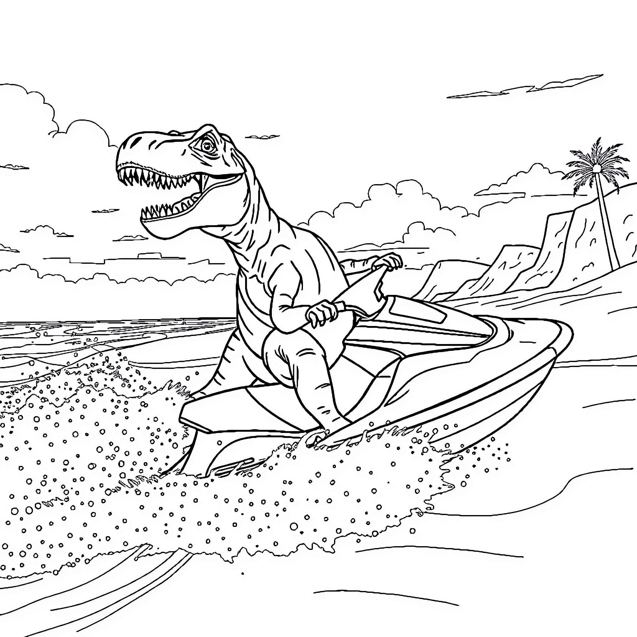 T-Rex riding a jet ski on the beach Coloring Page (free black-and-white line drawing printable PDF for all, from beginners to advanced learners, including children, teens, adults, and seniors)