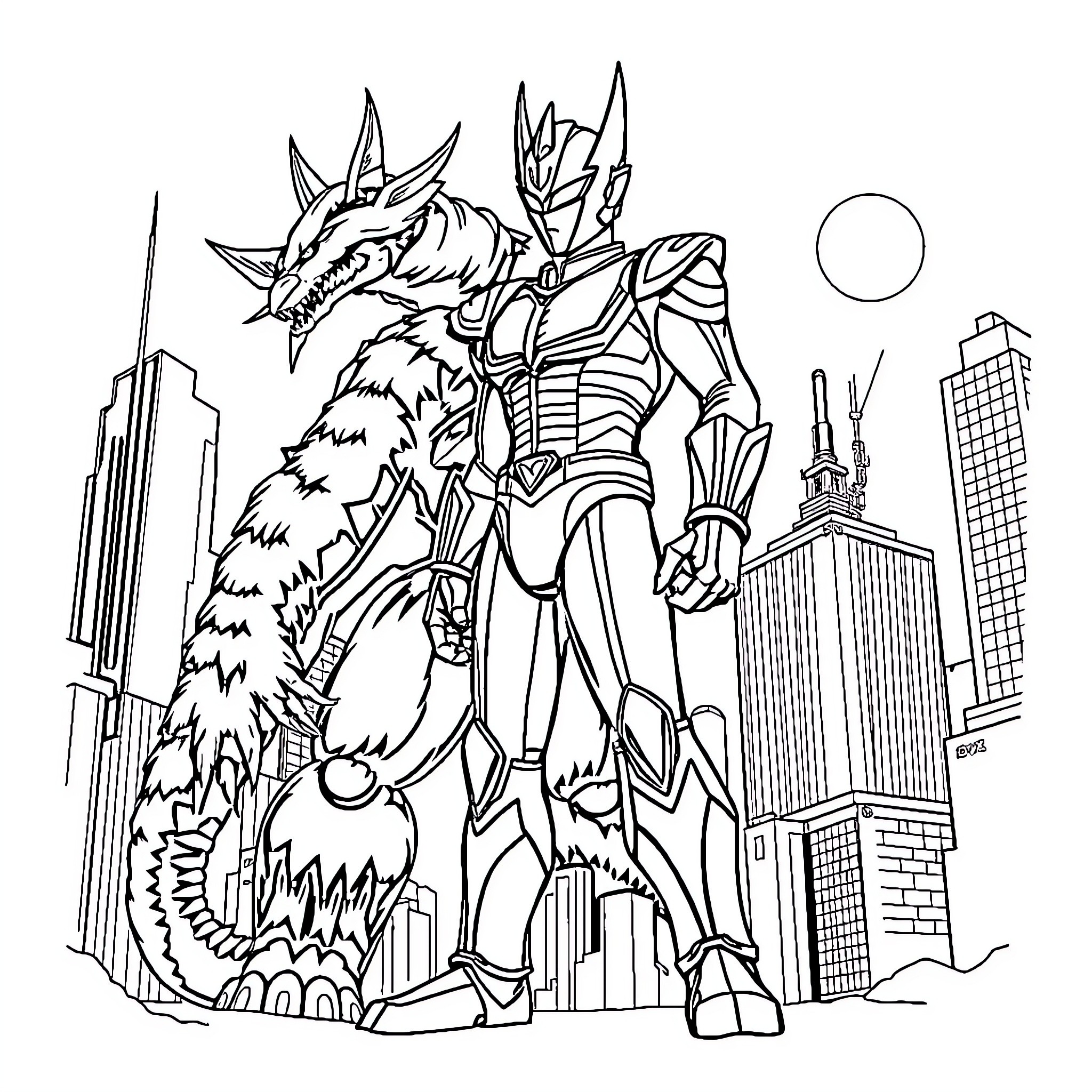 Ultramen defending the city against a giant monster Coloring Page (free black-and-white line drawing printable PDF for all, from beginners to advanced learners, including children, teens, adults, and seniors)