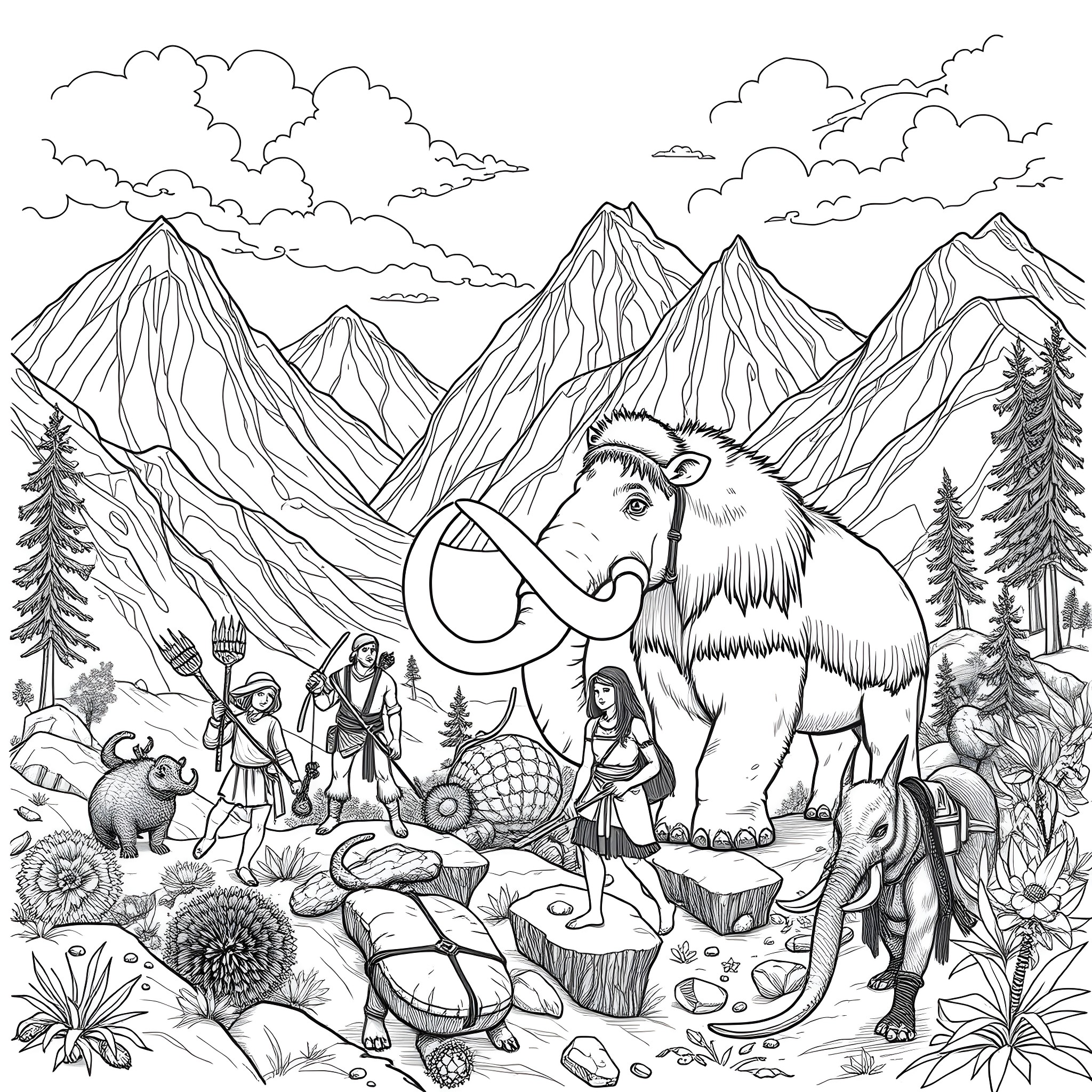 Character Exploring the Prehistoric Landscape Coloring Page (free black-and-white line drawing printable PDF for all, from beginners to advanced learners, including children, teens, adults, and seniors)