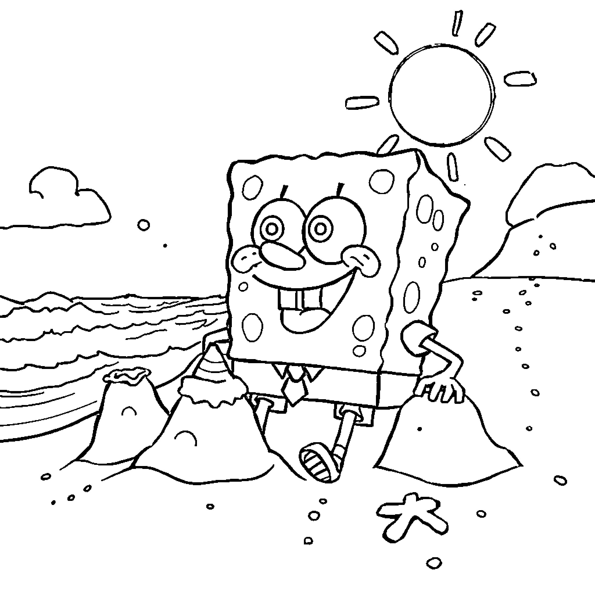 Spongebob building sandcastles by the beach Coloring Page (free black-and-white line drawing printable PDF for all, from beginners to advanced learners, including children, teens, adults, and seniors)