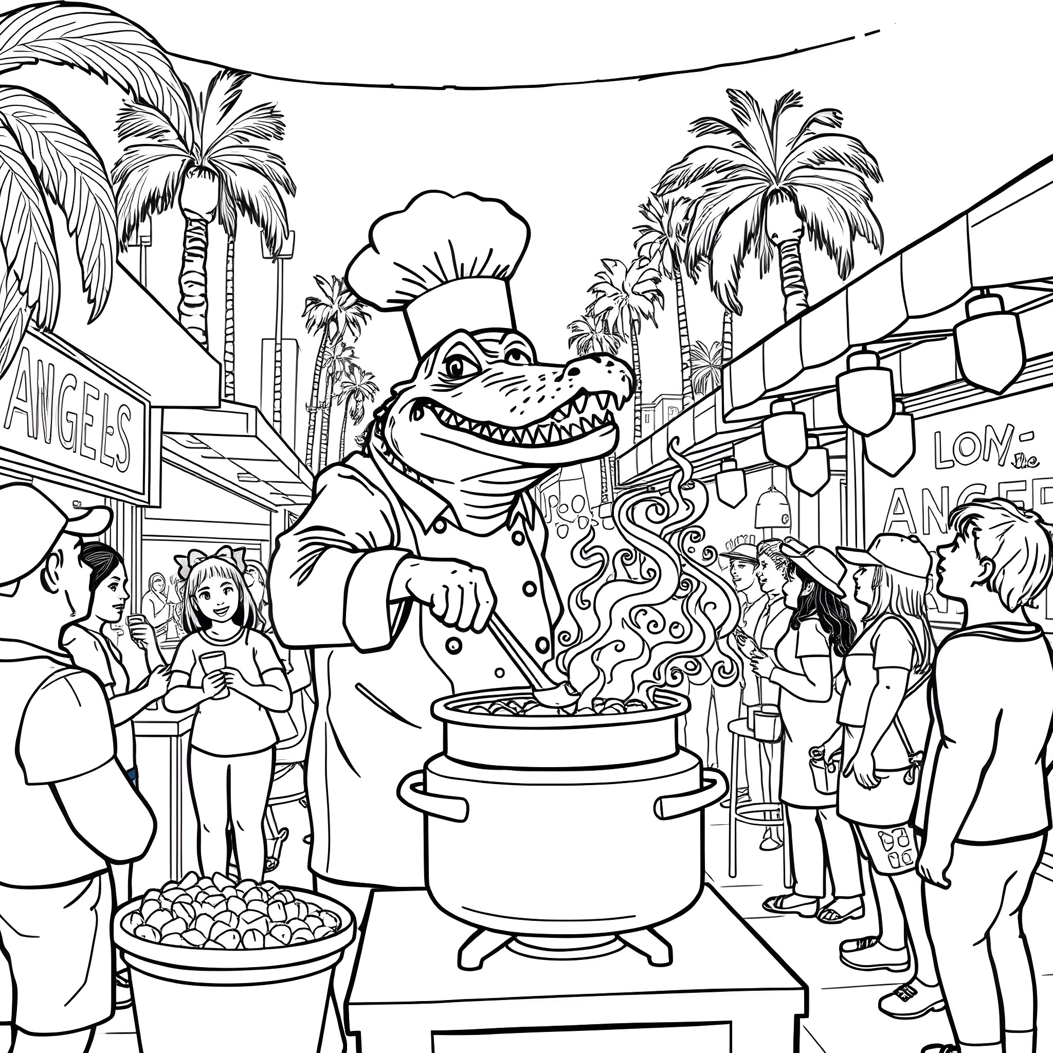 Alligator chef serving food in lively street scene Coloring Page (free black-and-white line drawing printable PDF for all, from beginners to advanced learners, including children, teens, adults, and seniors)