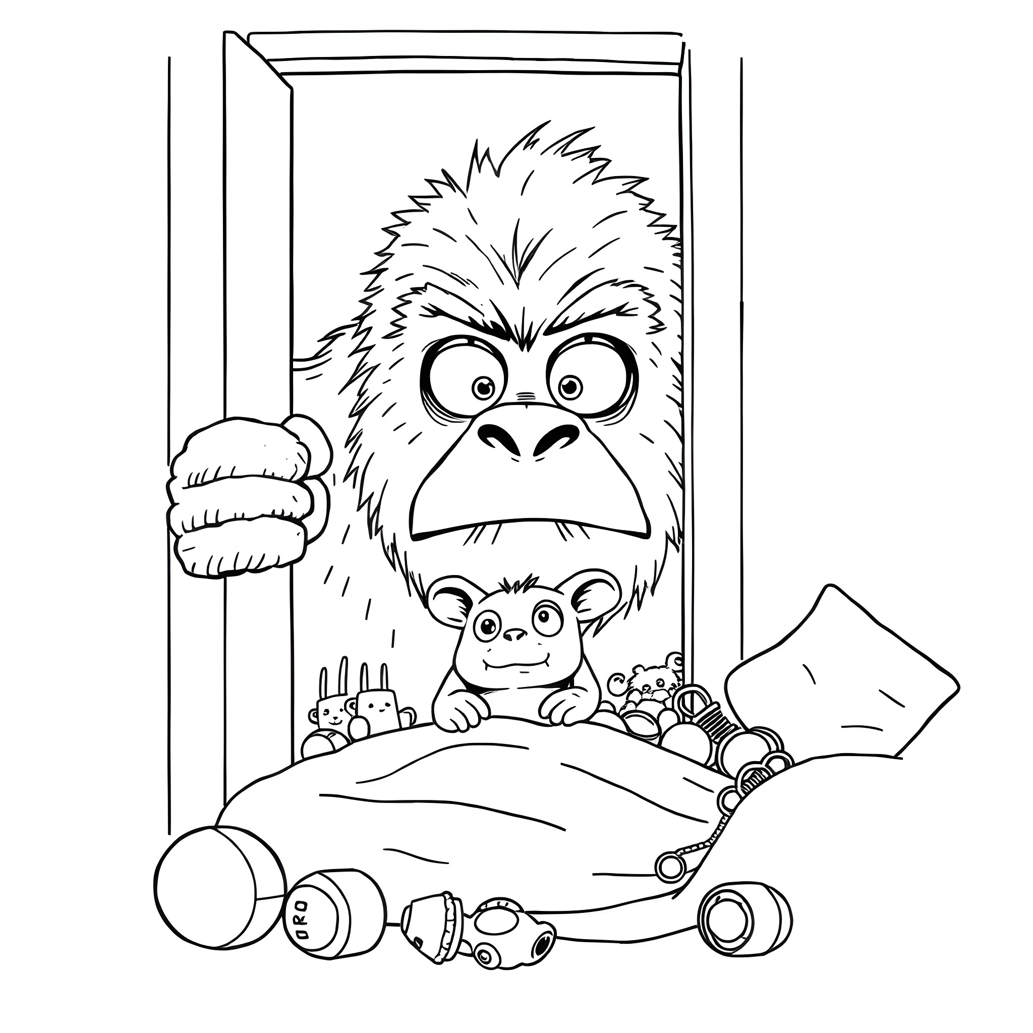 Bigfoot and his small companion explore a mysterious room Coloring Page (free black-and-white line drawing printable PDF for all, from beginners to advanced learners, including children, teens, adults, and seniors)