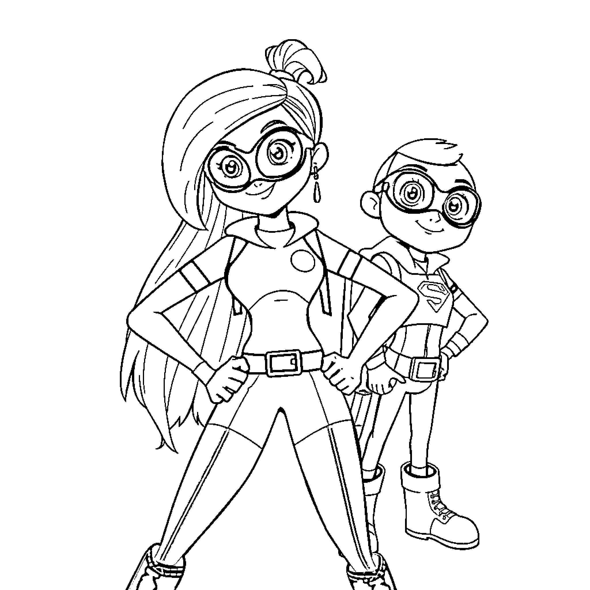 Kim Possible and Ron Stoppable in Action Poses Coloring Page (free black-and-white line drawing printable PDF for all, from beginners to advanced learners, including children, teens, adults, and seniors)