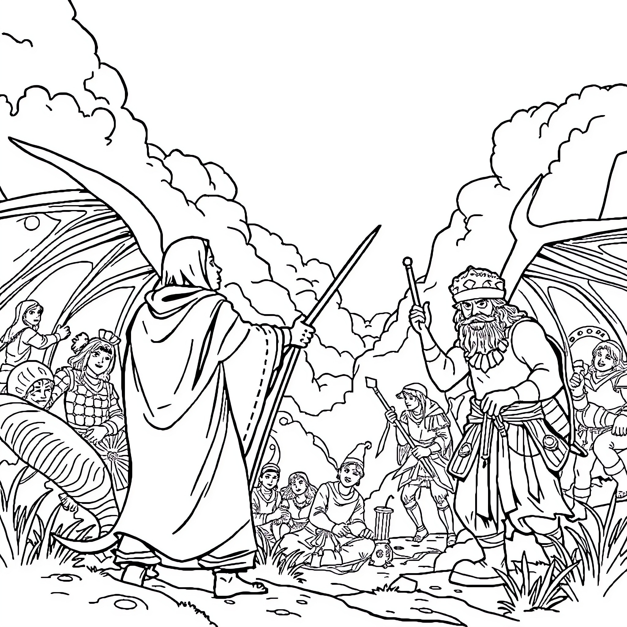 David and Goliath: Heroic Battle of the Underdog Coloring Page (free black-and-white line drawing printable PDF for all, from beginners to advanced learners, including children, teens, adults, and seniors)