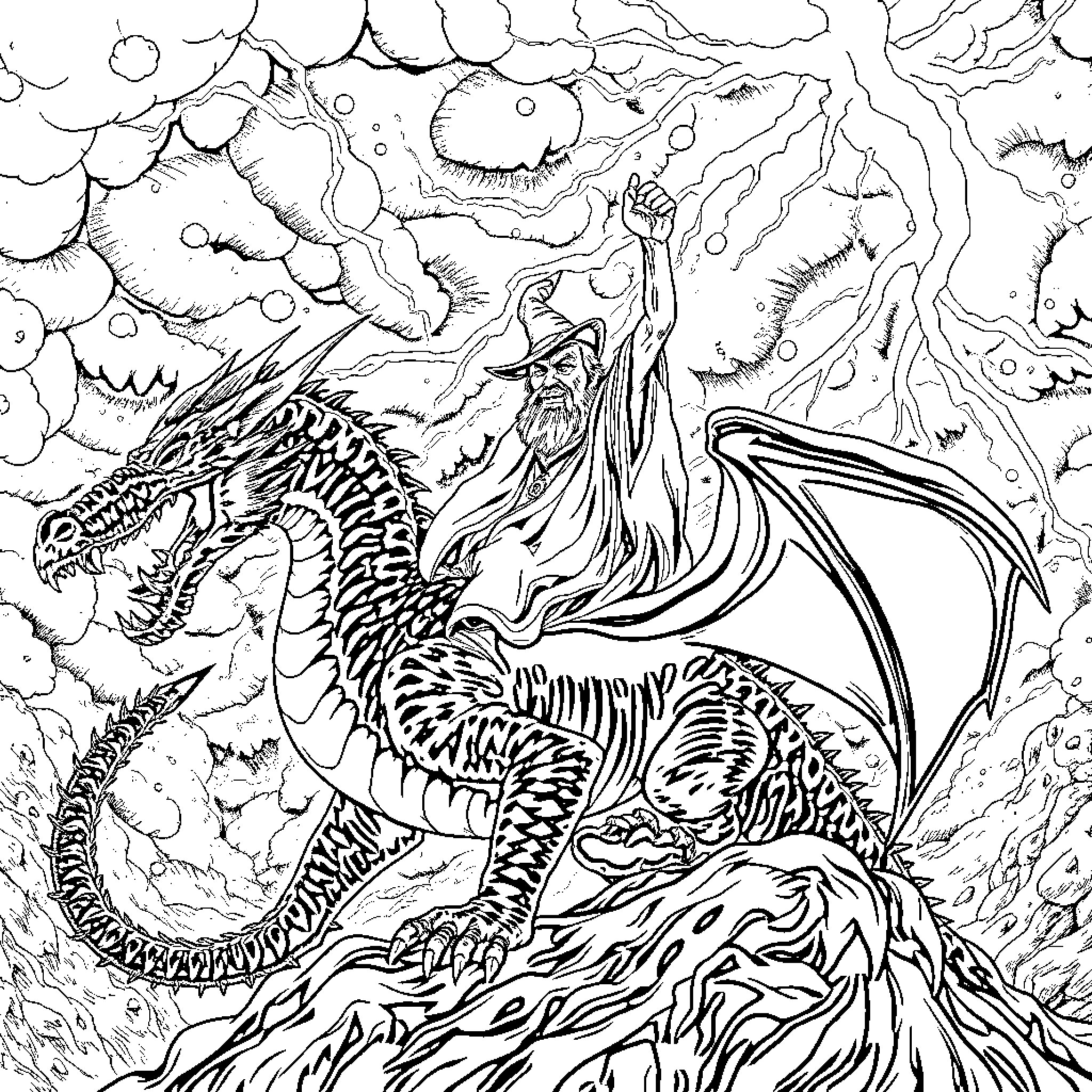 Wizard Commanding Mystical Dragon in Fantastical Realm Coloring Page (free black-and-white line drawing printable PDF for all, from beginners to advanced learners, including children, teens, adults, and seniors)