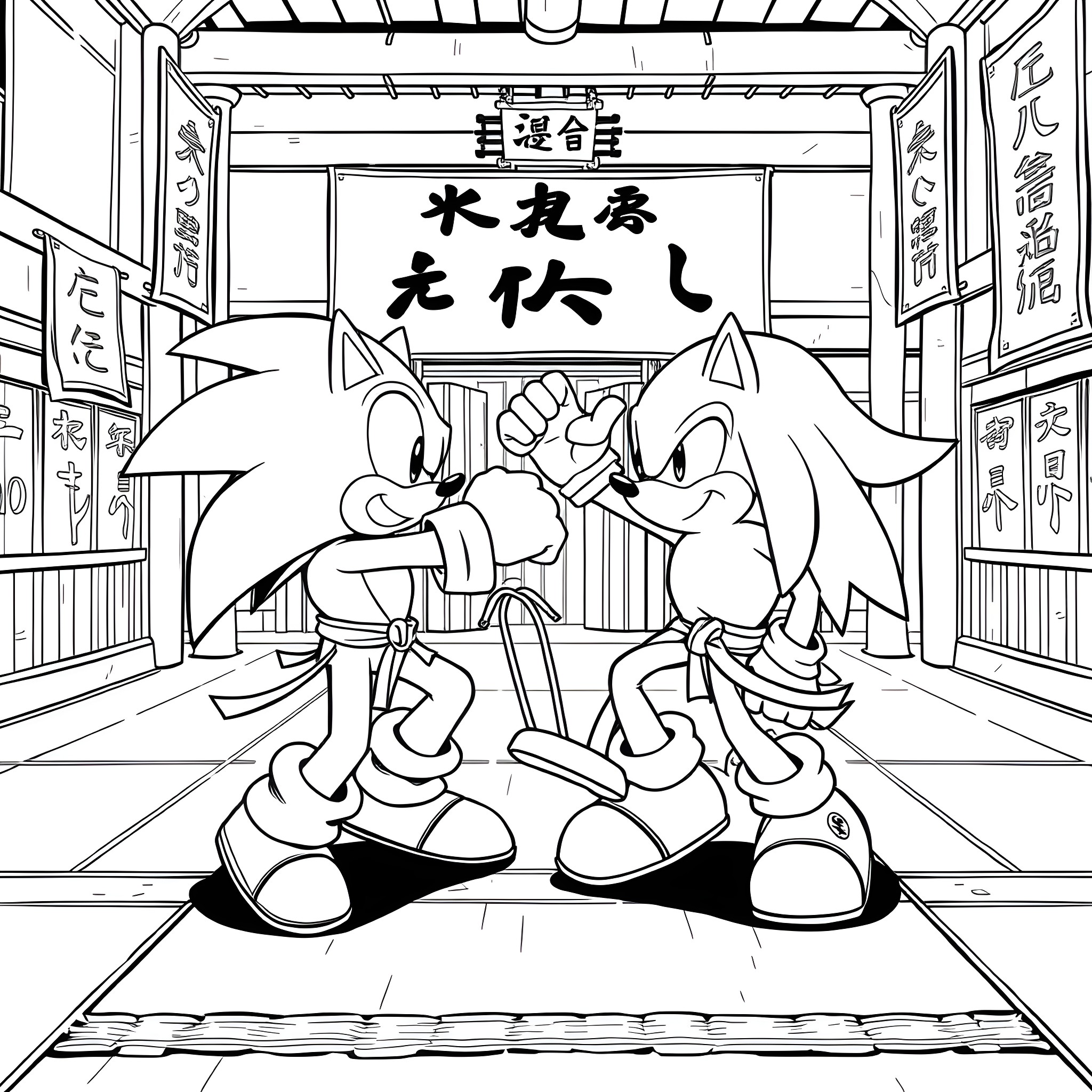 Sonic characters in Japanese-style scene Coloring Page (free black-and-white line drawing printable PDF for all, from beginners to advanced learners, including children, teens, adults, and seniors)