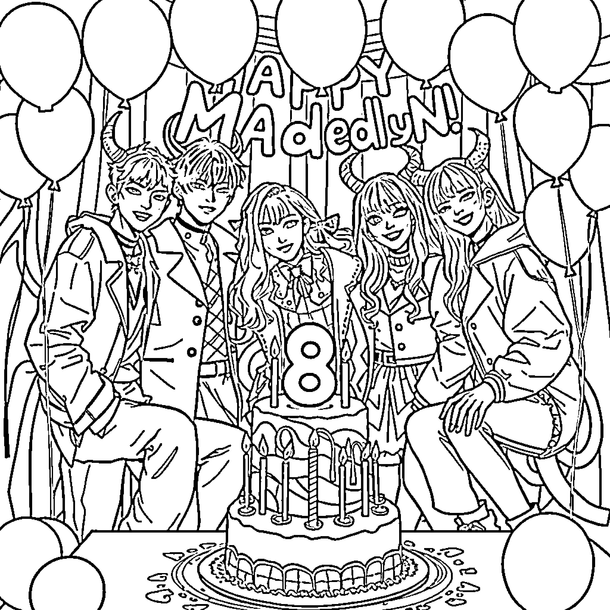 Demon Hunter Celebrates with Friends at a Birthday Party Coloring Page (free black-and-white line drawing printable PDF for all, from beginners to advanced learners, including children, teens, adults, and seniors)