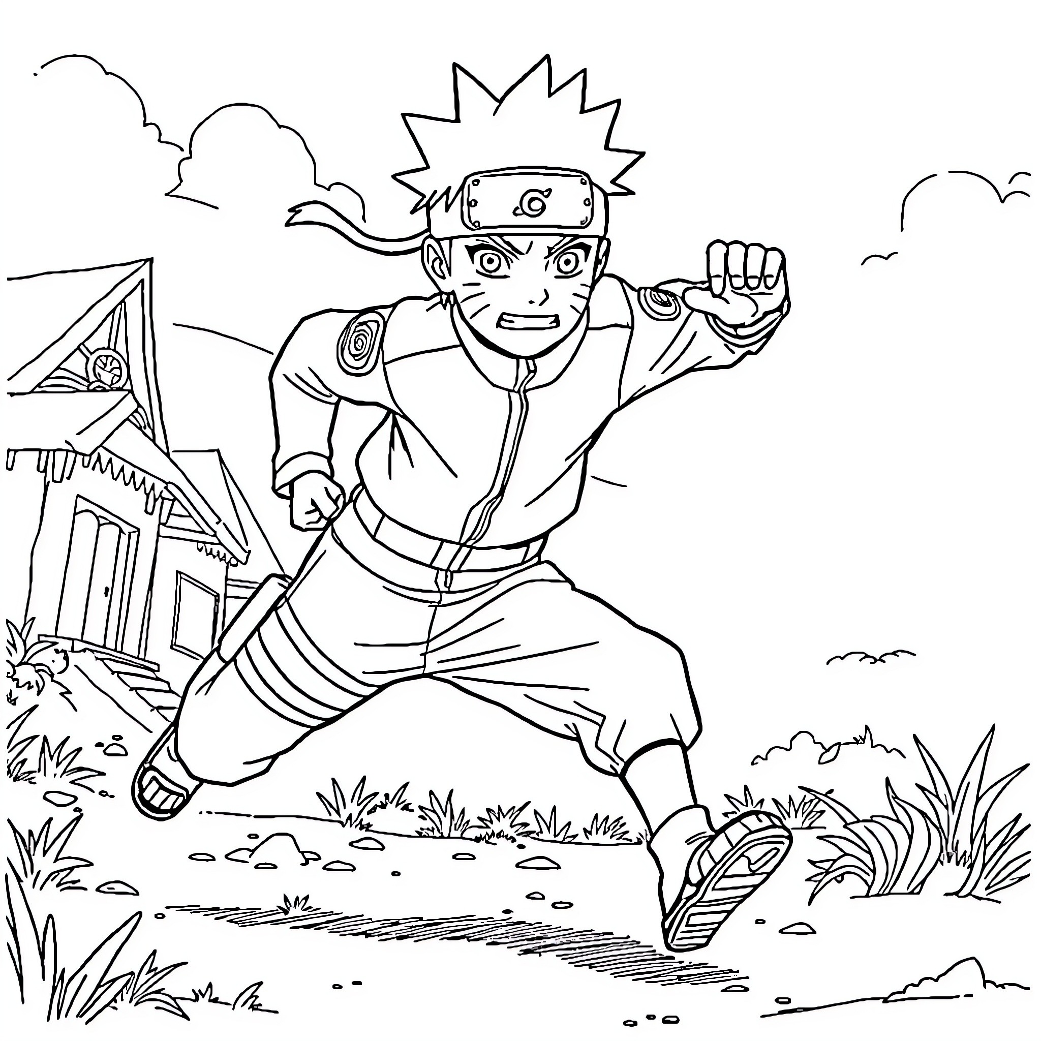 Naruto running energetically in the wilderness Coloring Page (free black-and-white line drawing printable PDF for all, from beginners to advanced learners, including children, teens, adults, and seniors)