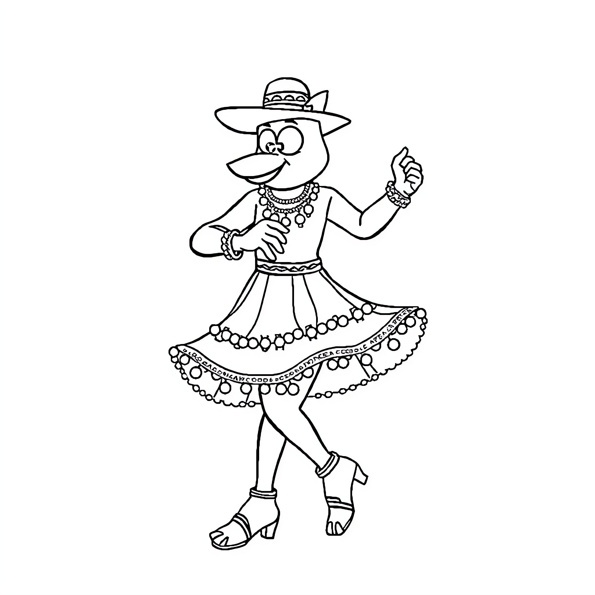 Grasshopper dancing in festive attire Coloring Page (free black-and-white line drawing printable PDF for all, from beginners to advanced learners, including children, teens, adults, and seniors)