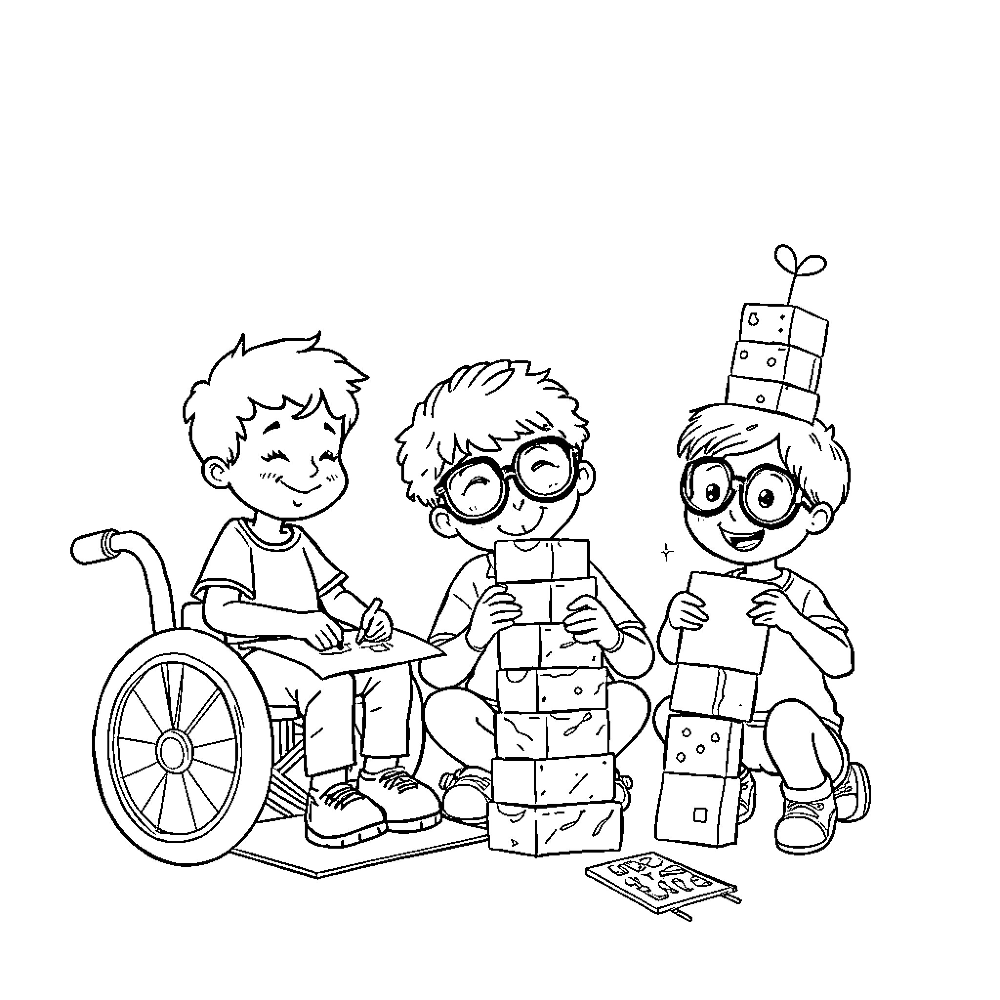 Child enjoying simple toys and games together Coloring Page (free black-and-white line drawing printable PDF for all, from beginners to advanced learners, including children, teens, adults, and seniors)