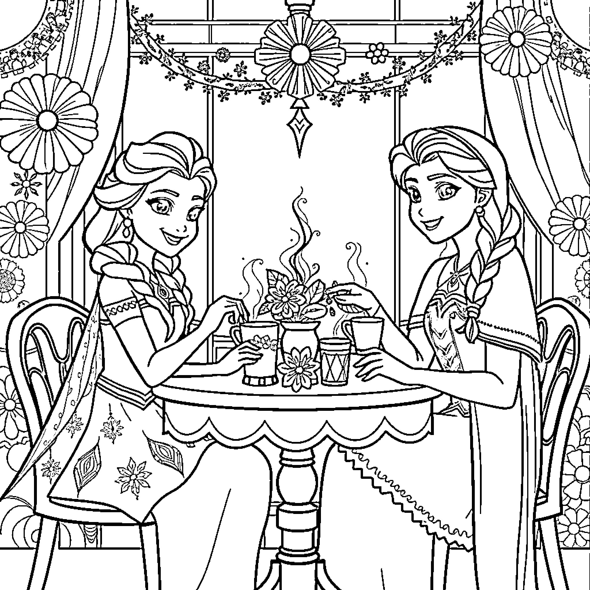Elsa and Anna enjoying tea party in enchanted garden Coloring Page (free black-and-white line drawing printable PDF for all, from beginners to advanced learners, including children, teens, adults, and seniors)