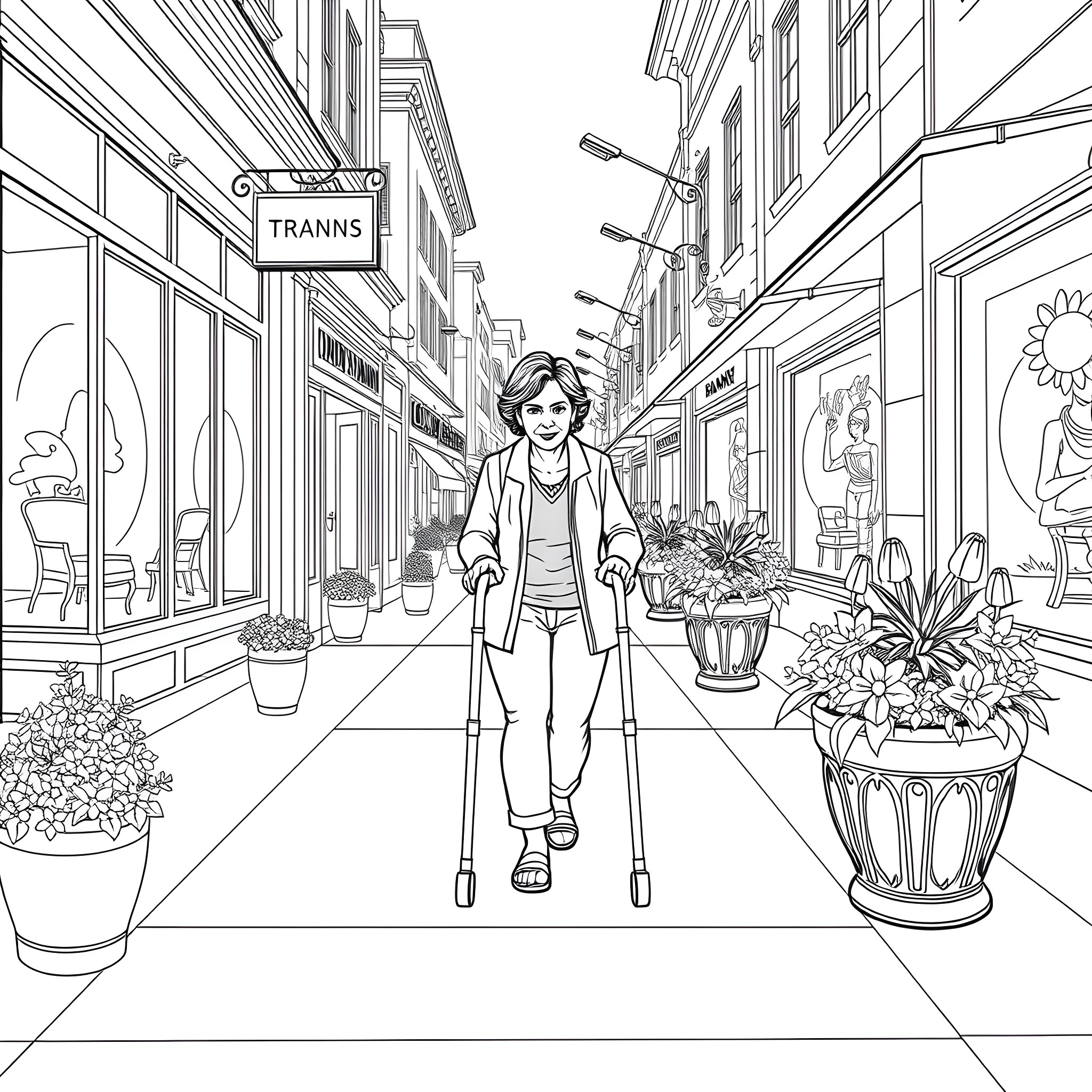 Woman walking through a lively city street Coloring Page (free black-and-white line drawing printable PDF for all, from beginners to advanced learners, including children, teens, adults, and seniors)