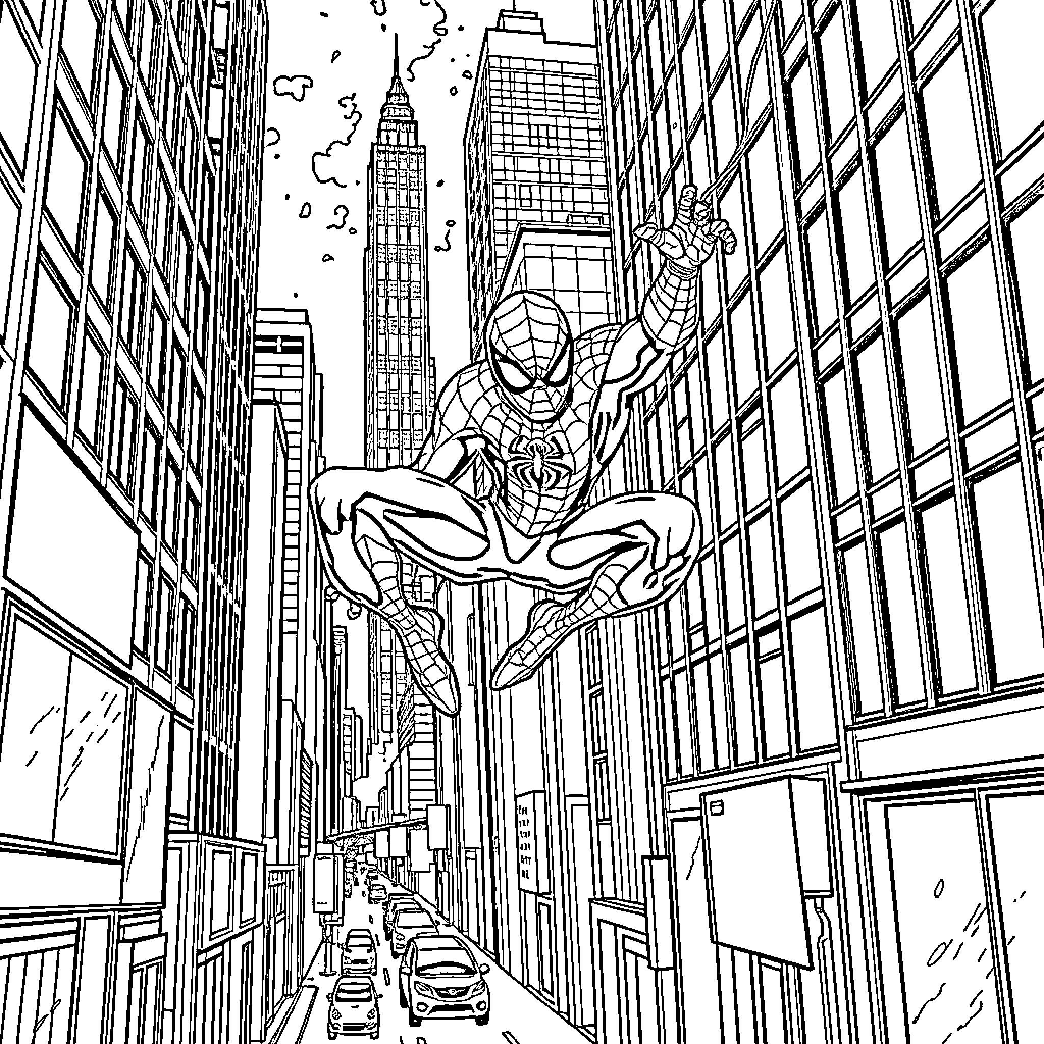Spider-Man swinging through the city streets Coloring Page (free black-and-white line drawing printable PDF for all, from beginners to advanced learners, including children, teens, adults, and seniors)