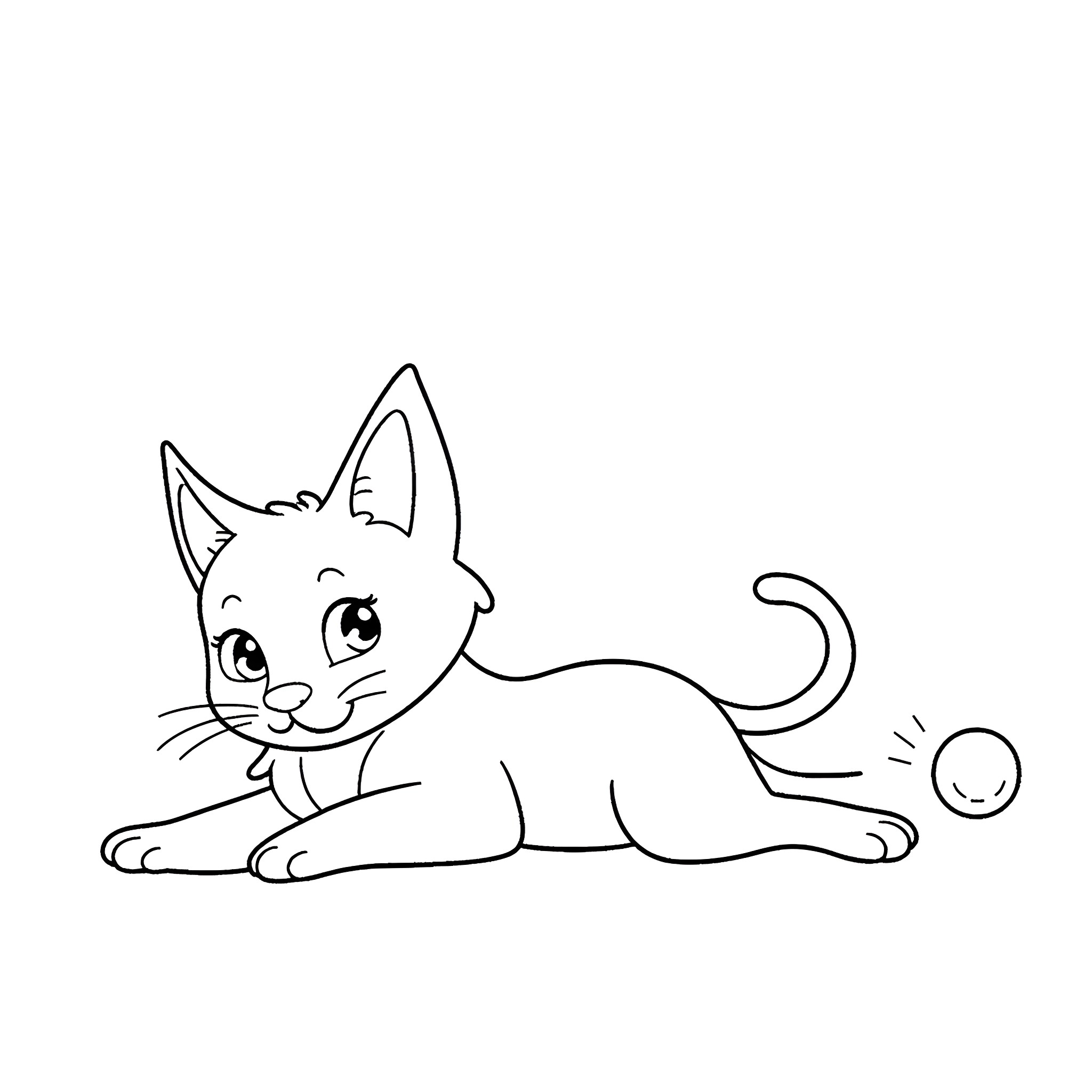 Cat playing with toy in black and white Coloring Page (free black-and-white line drawing printable PDF for all, from beginners to advanced learners, including children, teens, adults, and seniors)