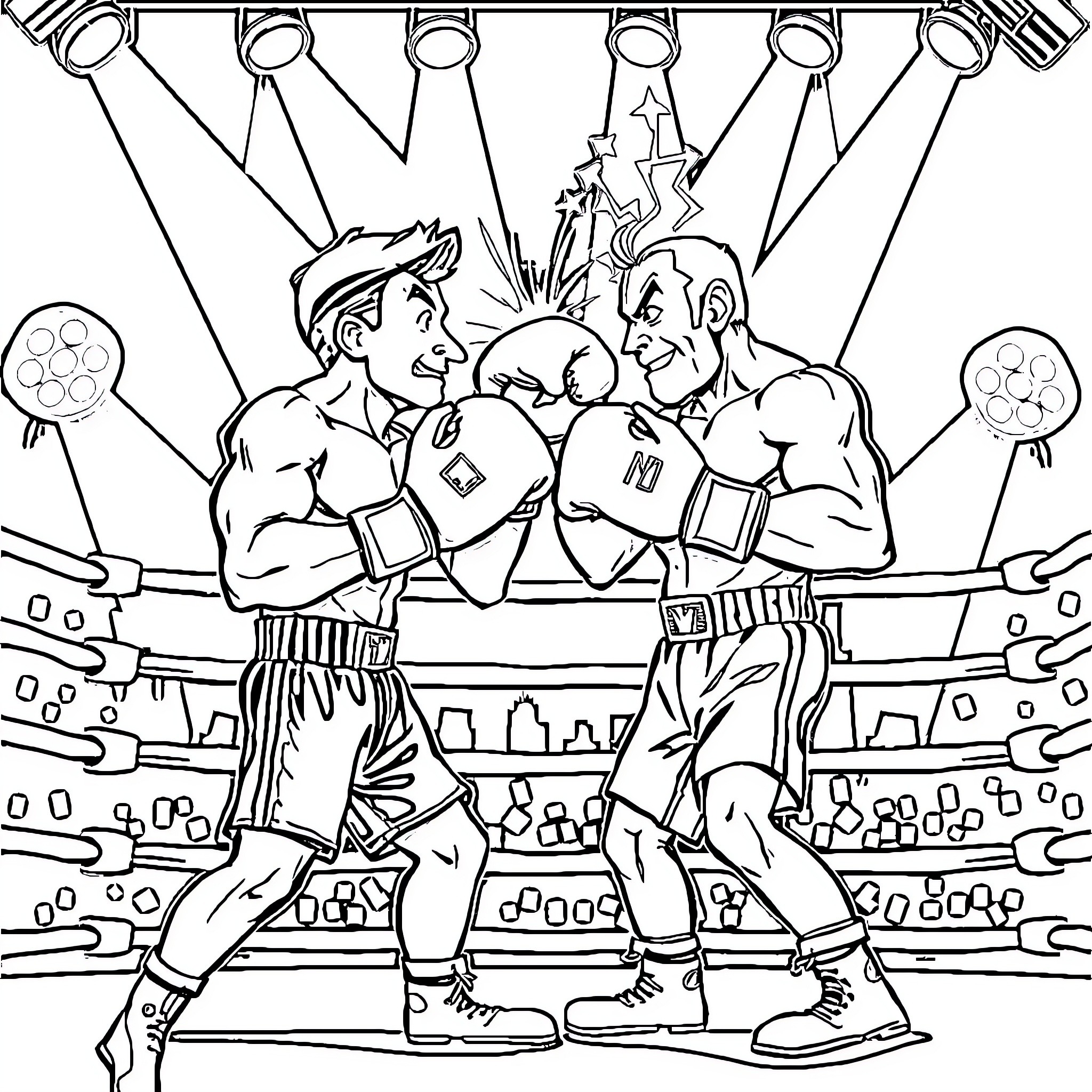 Boxing Ring Showdown Between Two Fighters Coloring Page (free black-and-white line drawing printable PDF for all, from beginners to advanced learners, including children, teens, adults, and seniors)