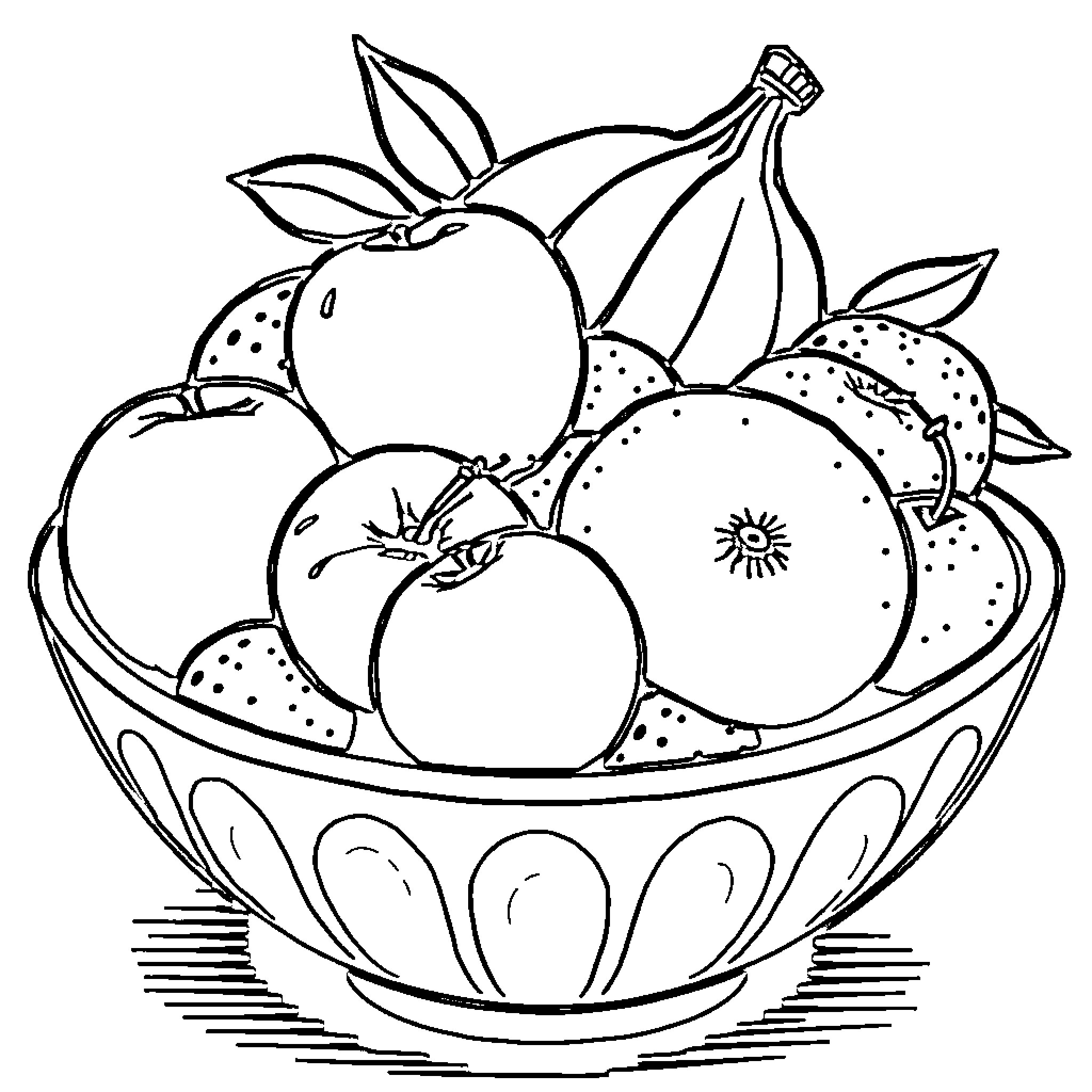 Fruit in a bowl with leaves Coloring Page (free black-and-white line drawing printable PDF for all, from beginners to advanced learners, including children, teens, adults, and seniors)