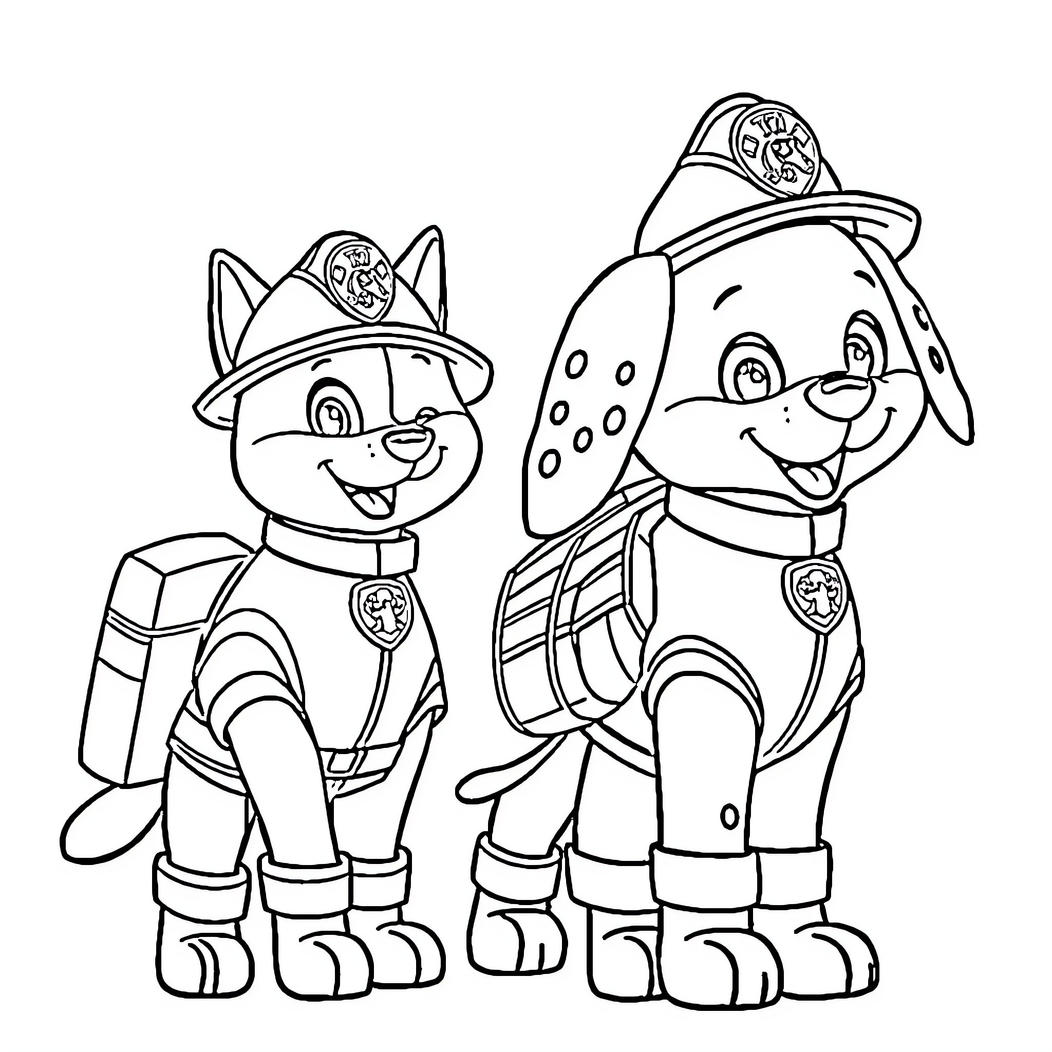 Paw Patrol firefighters on duty Coloring Page (free black-and-white line drawing printable PDF for all, from beginners to advanced learners, including children, teens, adults, and seniors)
