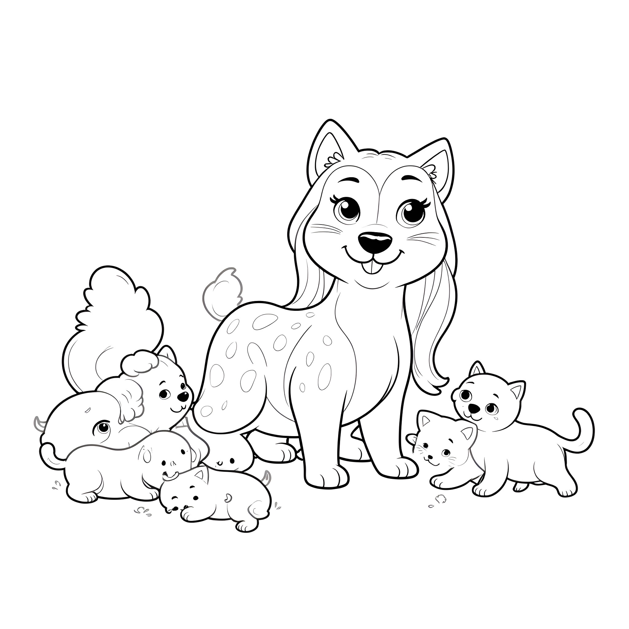 Moana and her animal friends Coloring Page (free black-and-white line drawing printable PDF for all, from beginners to advanced learners, including children, teens, adults, and seniors)