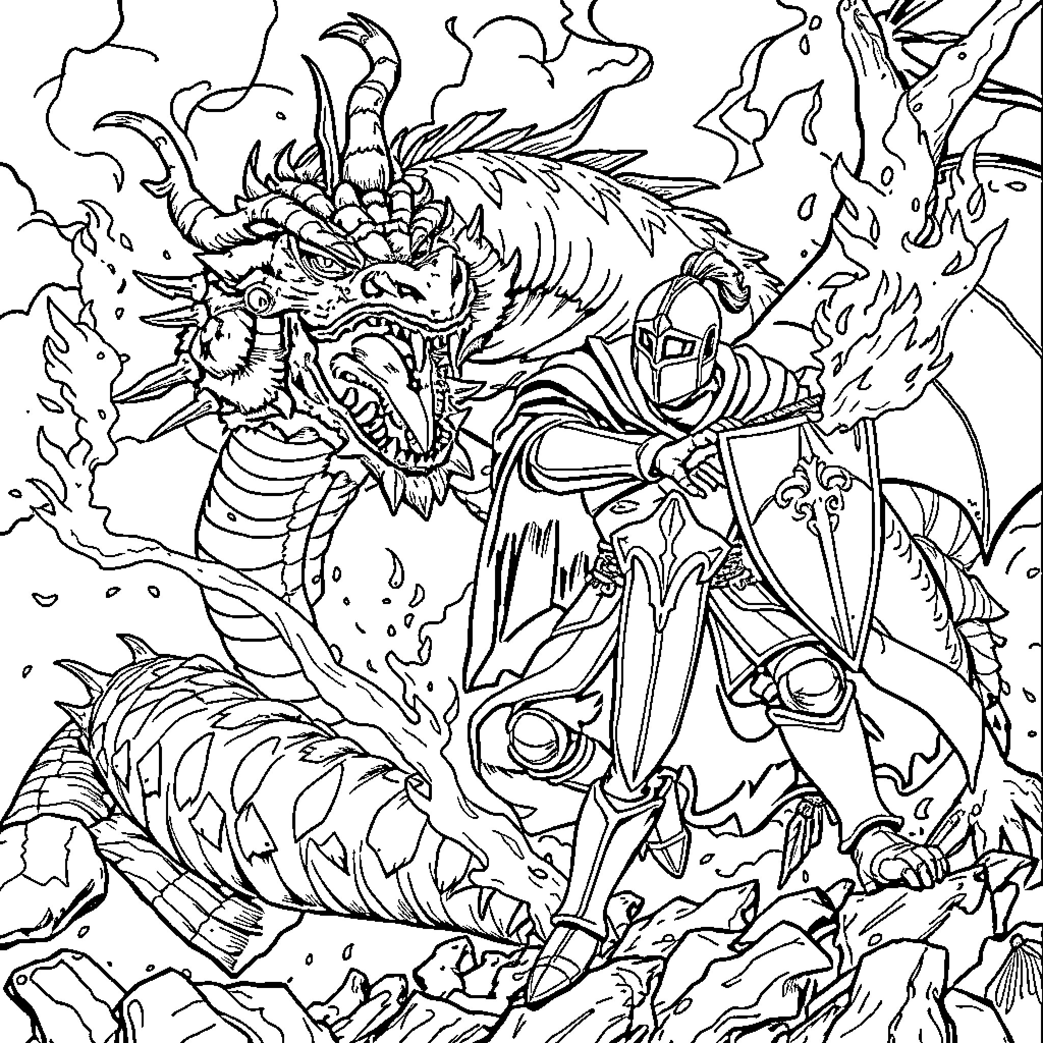 Knight battling fierce dragon in fiery combat Coloring Page (free black-and-white line drawing printable PDF for all, from beginners to advanced learners, including children, teens, adults, and seniors)