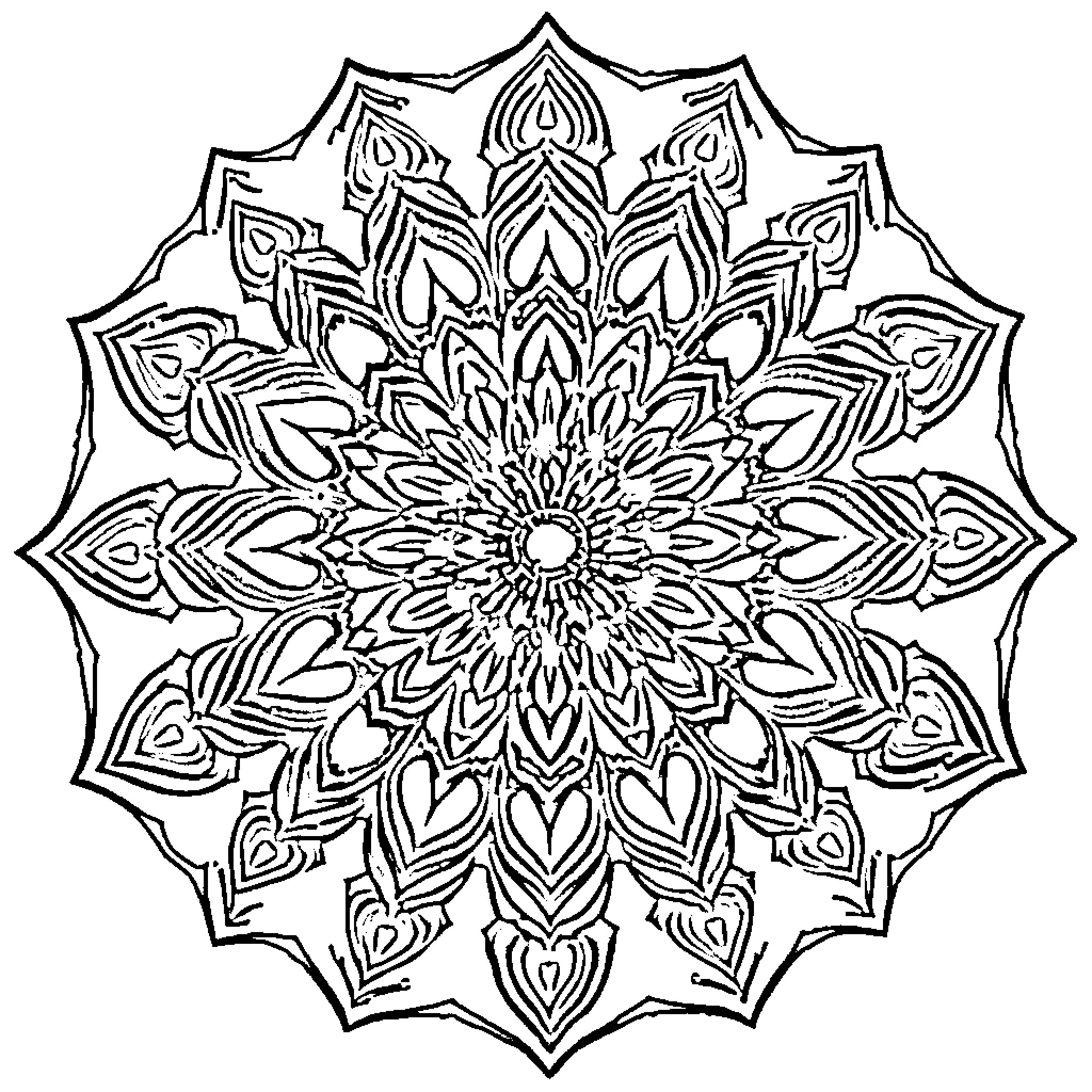 Mandala of intricate geometric patterns Coloring Page (free black-and-white line drawing printable PDF for all, from beginners to advanced learners, including children, teens, adults, and seniors)