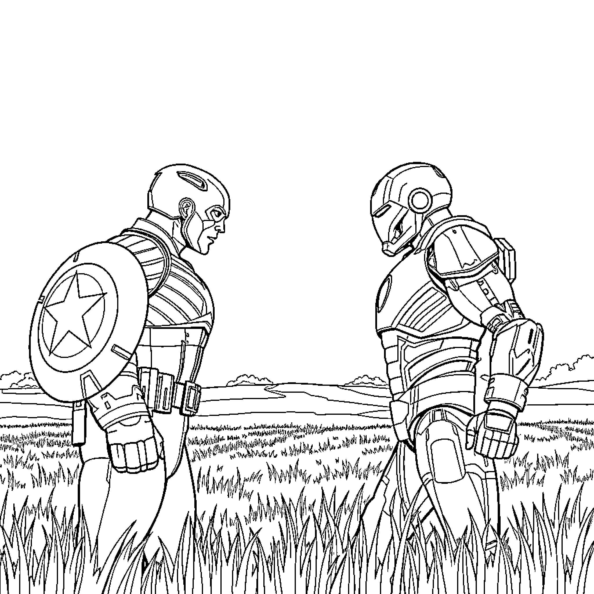Captain America and Iron Man in epic battle stance Coloring Page (free black-and-white line drawing printable PDF for all, from beginners to advanced learners, including children, teens, adults, and seniors)