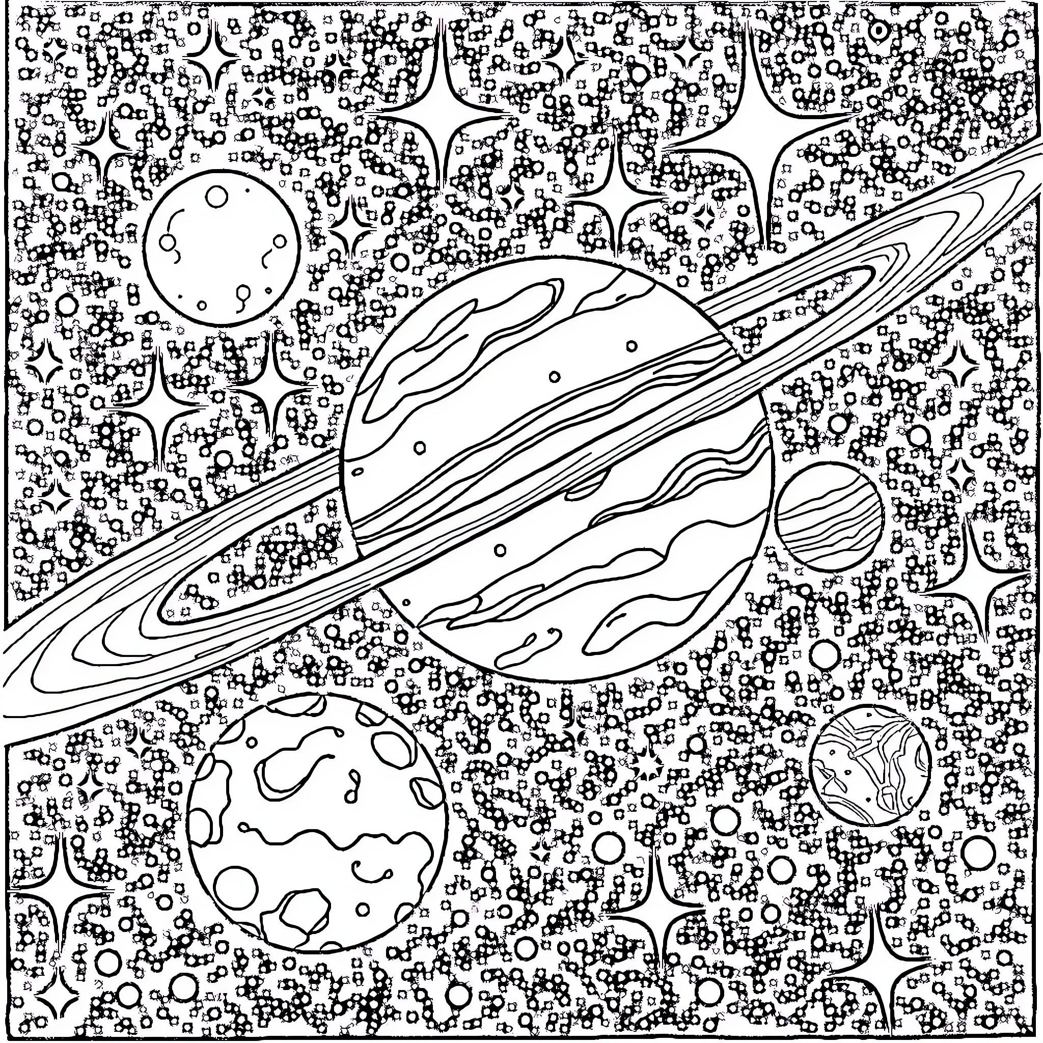 Planet Space Scene with Celestial Bodies Coloring Page (free black-and-white line drawing printable PDF for all, from beginners to advanced learners, including children, teens, adults, and seniors)