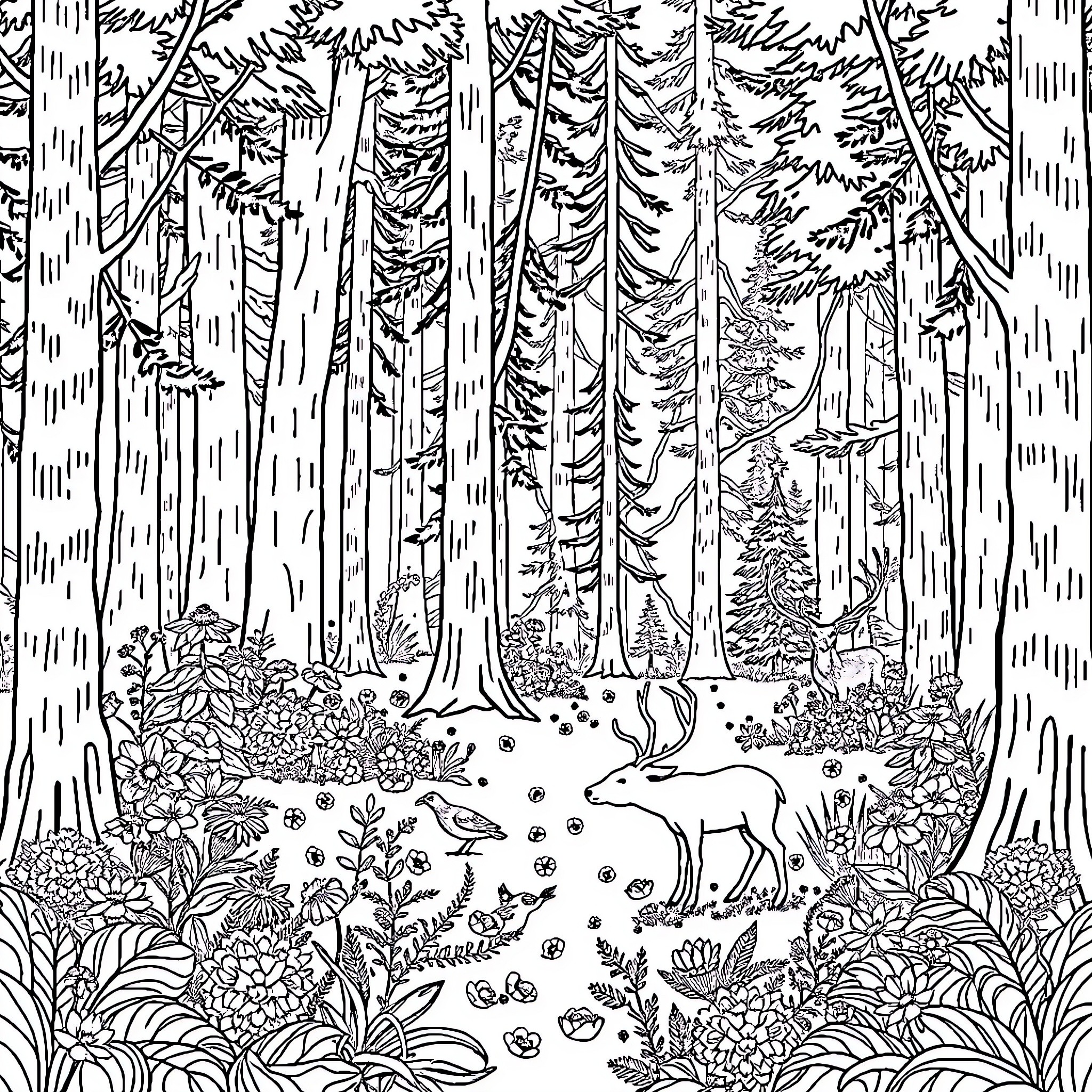 Forest scene with deer and nature elements Coloring Page (free black-and-white line drawing printable PDF for all, from beginners to advanced learners, including children, teens, adults, and seniors)