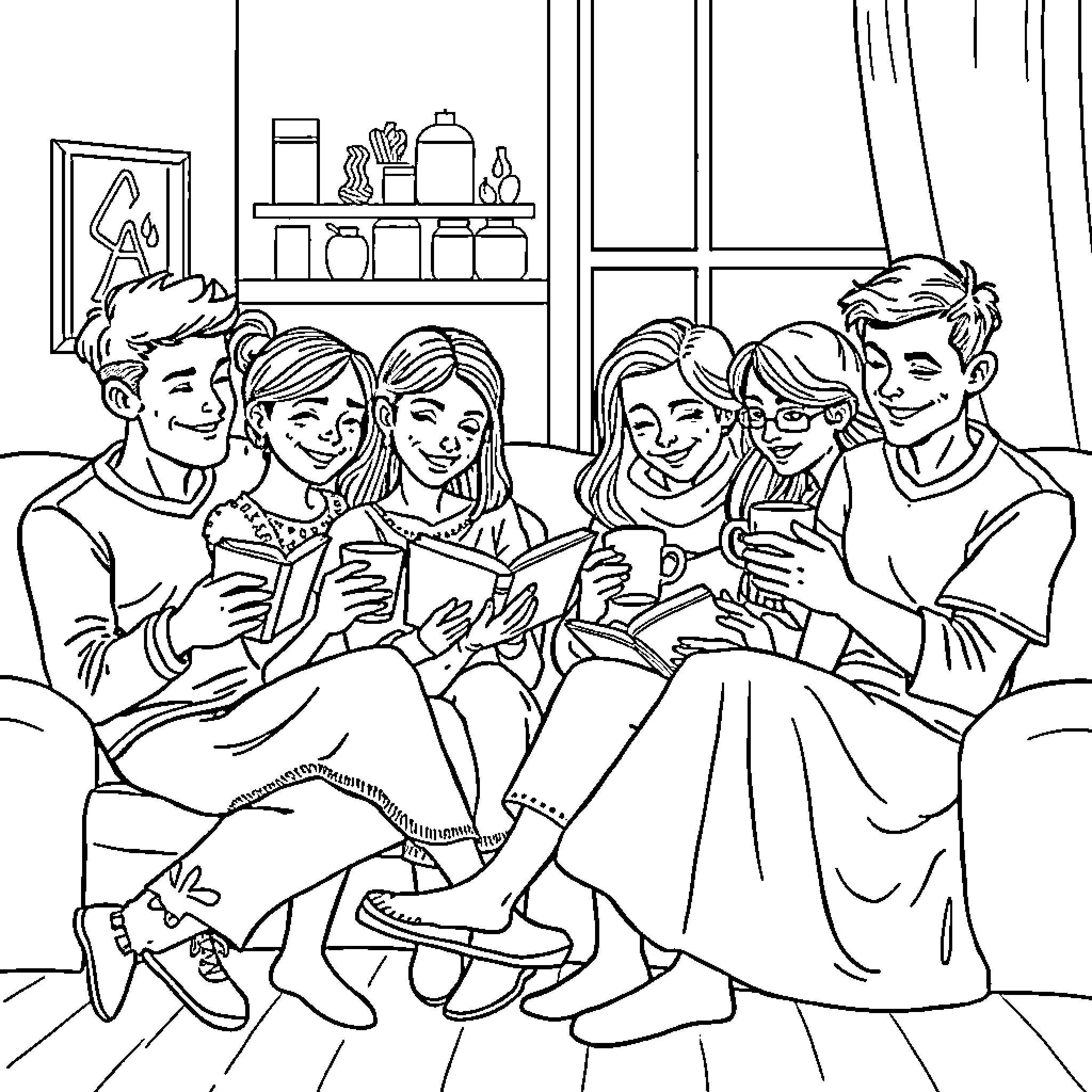 Family Enjoying a Cozy Gathering at Home Coloring Page (free black-and-white line drawing printable PDF for all, from beginners to advanced learners, including children, teens, adults, and seniors)