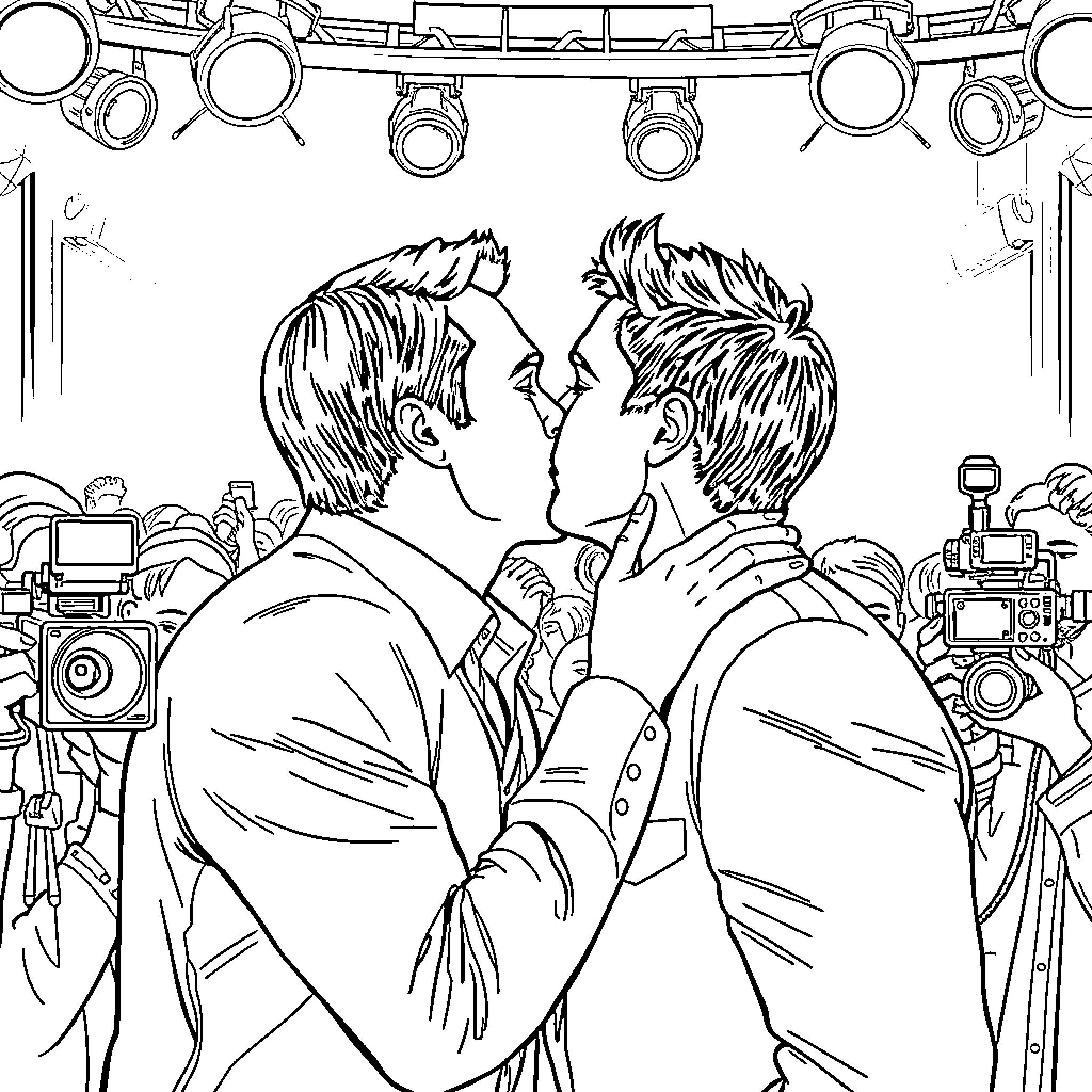 Brad Pitt on stage with co-star in intimate moment Coloring Page (free black-and-white line drawing printable PDF for all, from beginners to advanced learners, including children, teens, adults, and seniors)