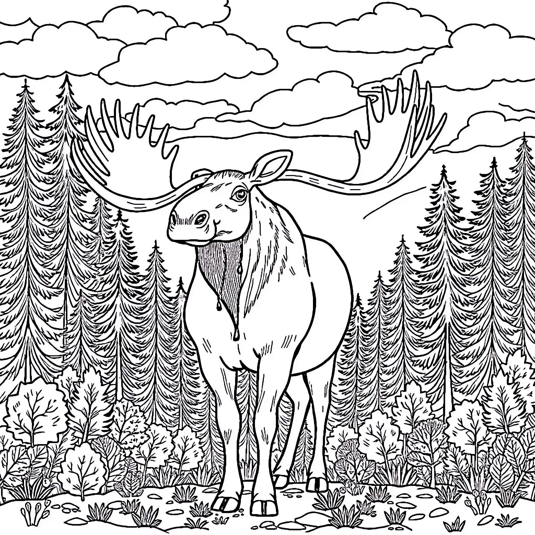 Moose standing tall in the woodland landscape Coloring Page (free black-and-white line drawing printable PDF for all, from beginners to advanced learners, including children, teens, adults, and seniors)