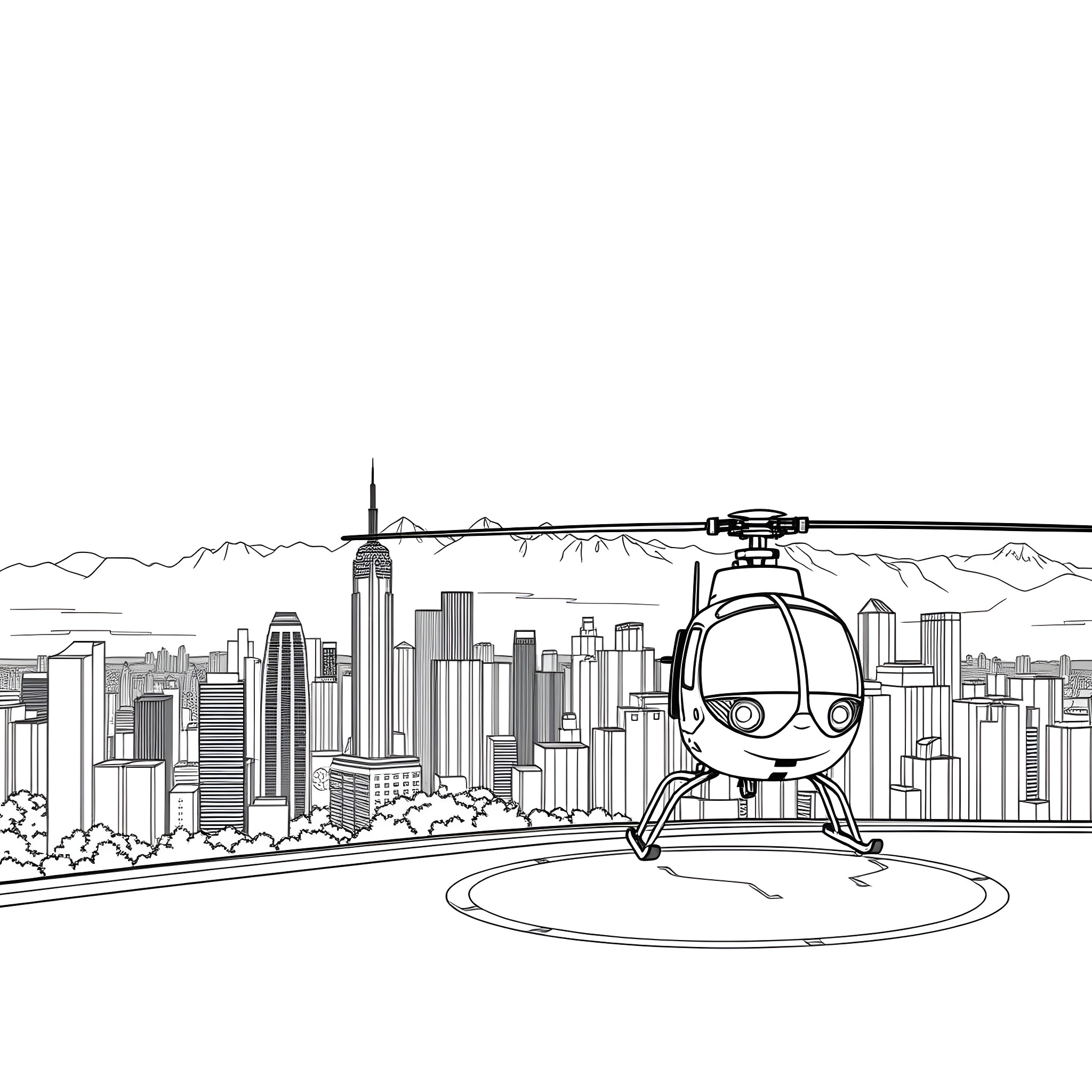 Helicopter flying over a cityscape Coloring Page (free black-and-white line drawing printable PDF for all, from beginners to advanced learners, including children, teens, adults, and seniors)