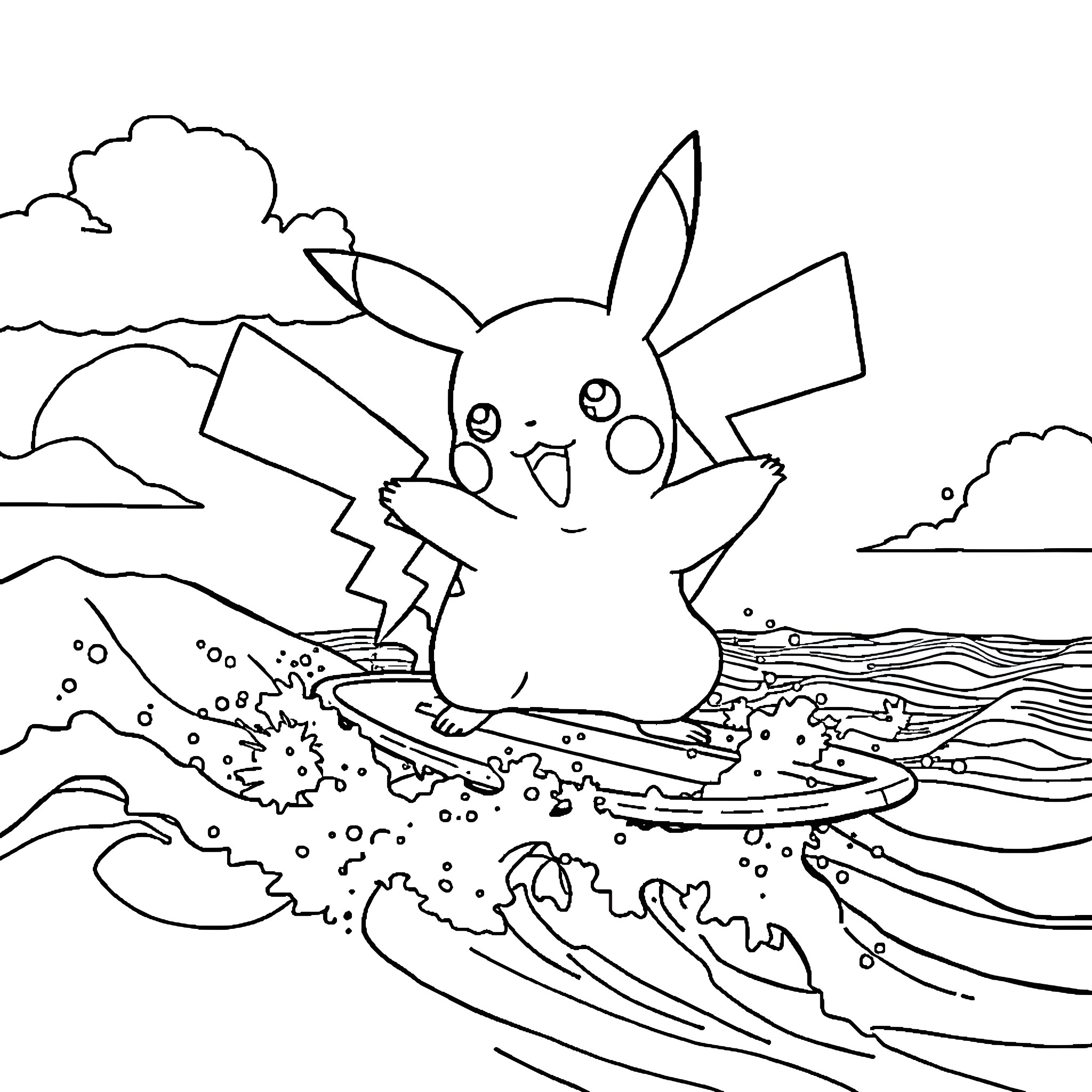 Pikachu Surfing on Waves with Electricity Coloring Page (free black-and-white line drawing printable PDF for all, from beginners to advanced learners, including children, teens, adults, and seniors)