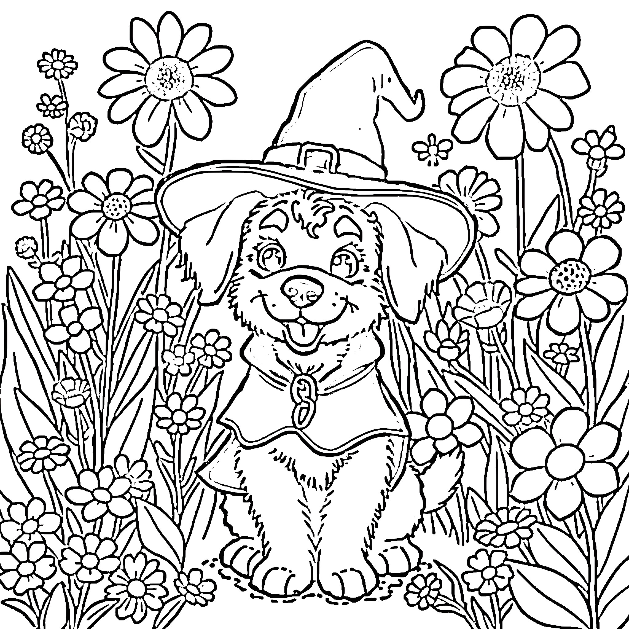 Bluey in a Floral Garden Coloring Page (free black-and-white line drawing printable PDF for all, from beginners to advanced learners, including children, teens, adults, and seniors)
