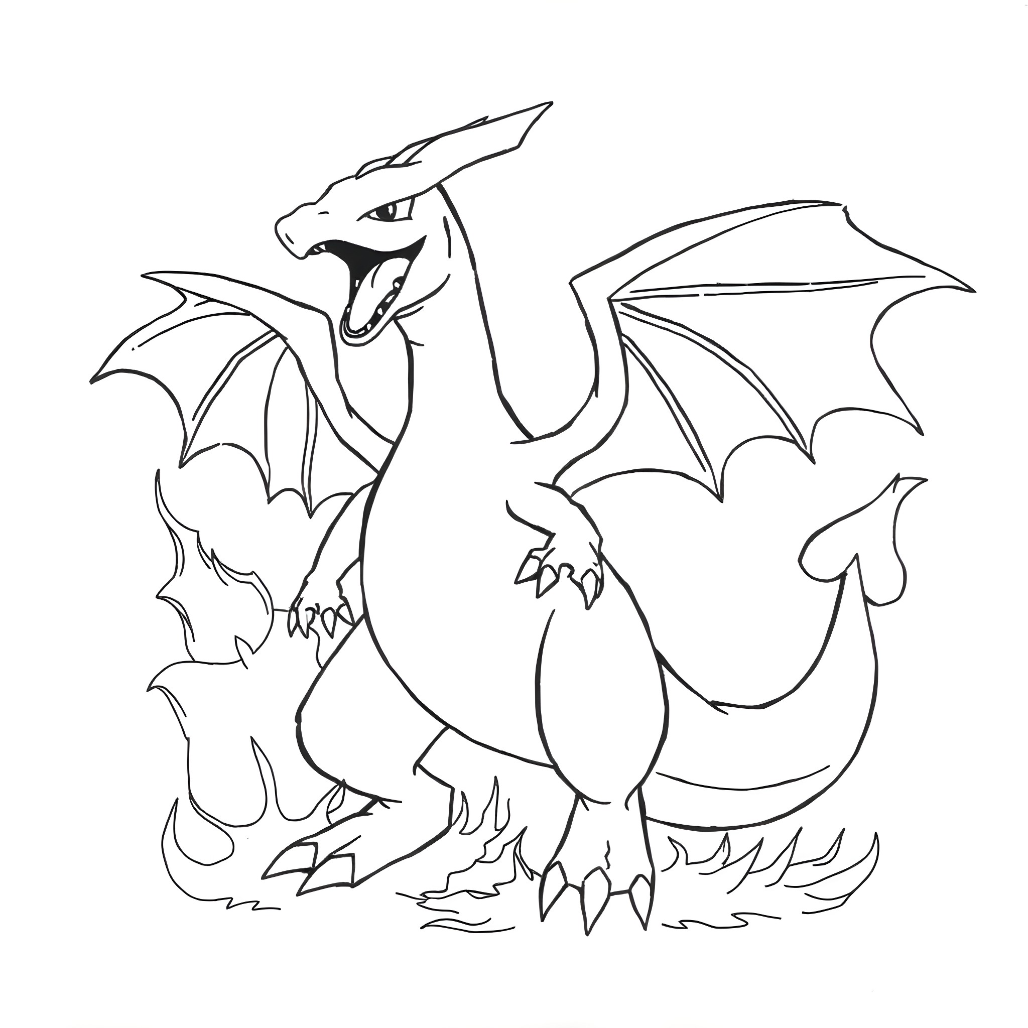 Charizard roaring menacingly with wings spread Coloring Page (free black-and-white line drawing printable PDF for all, from beginners to advanced learners, including children, teens, adults, and seniors)