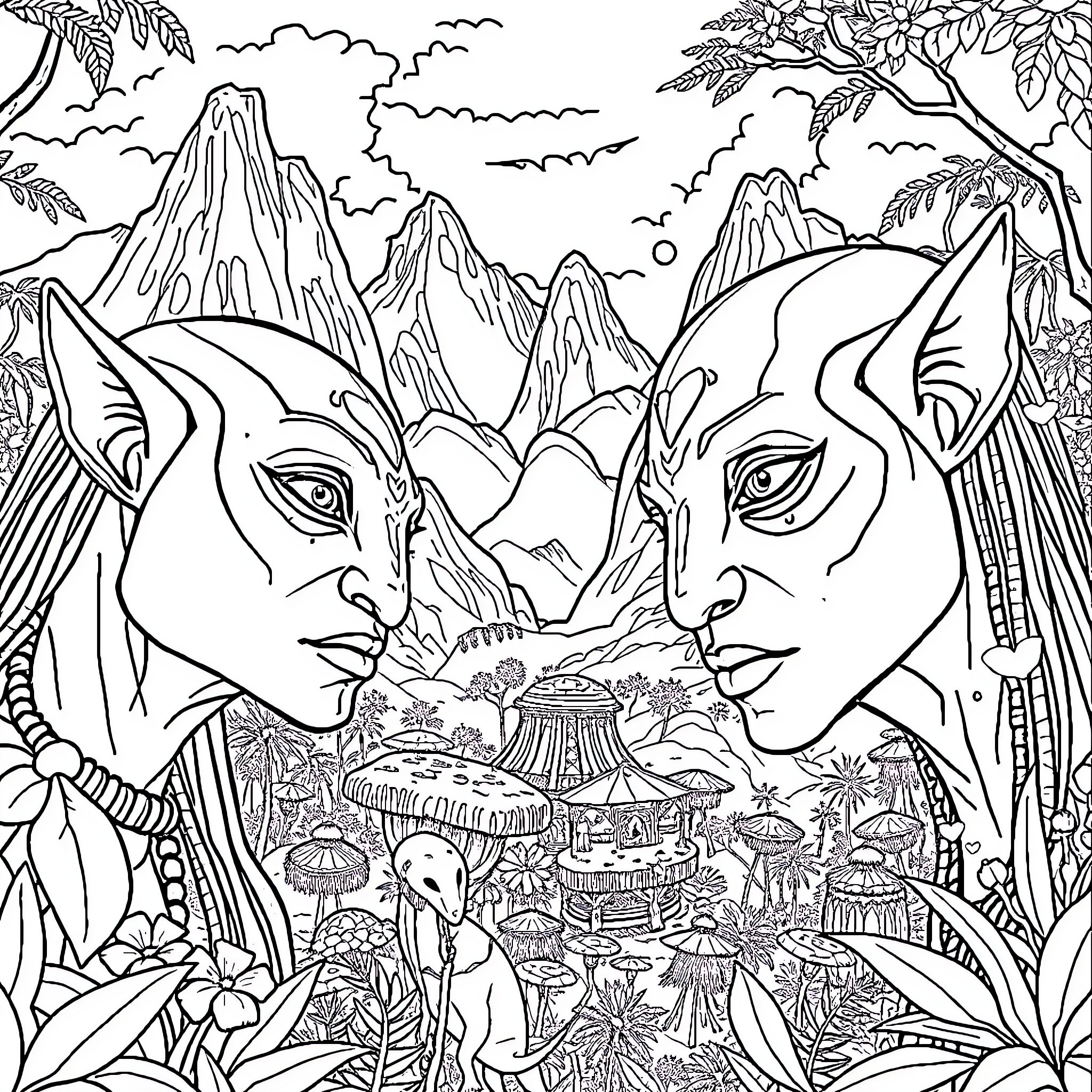 Avatar of fantastical feline figures in forest landscape Coloring Page (free black-and-white line drawing printable PDF for all, from beginners to advanced learners, including children, teens, adults, and seniors)