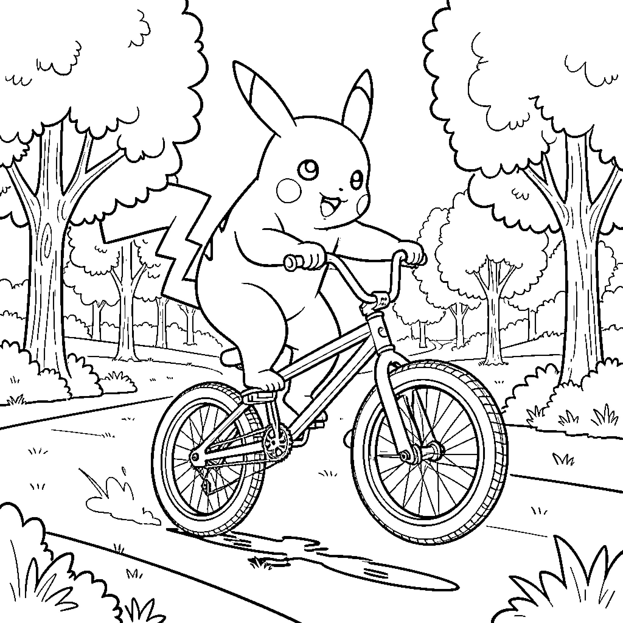 Pikachu riding a bicycle through a park Coloring Page (free black-and-white line drawing printable PDF for all, from beginners to advanced learners, including children, teens, adults, and seniors)
