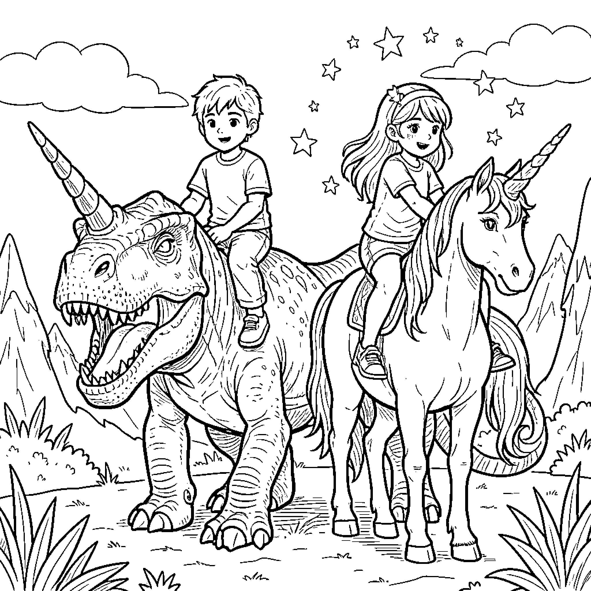 Brother and Sister riding a dinosaur and a unicorn Coloring Page (free black-and-white line drawing printable PDF for all, from beginners to advanced learners, including children, teens, adults, and seniors)