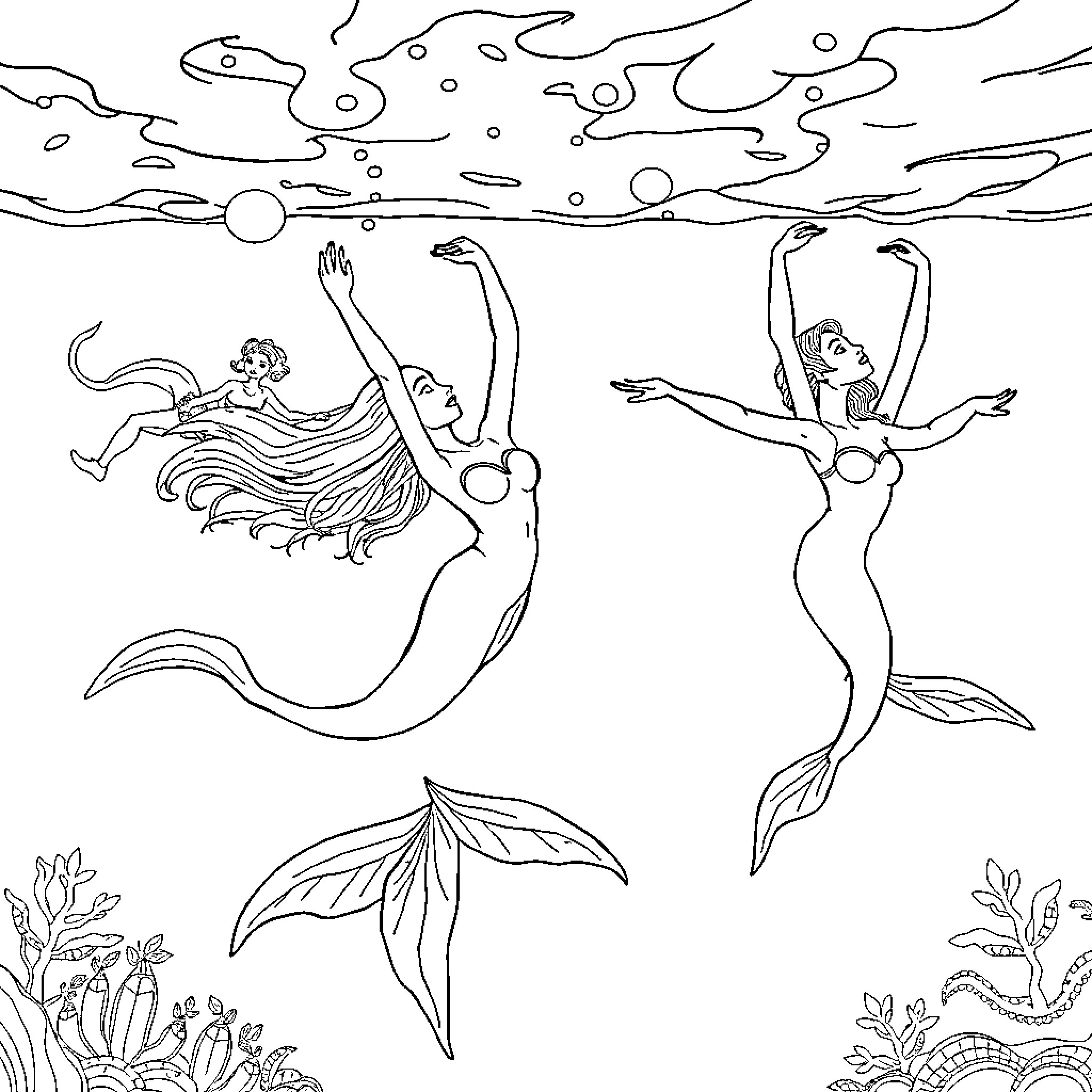 Mermaid Dancers Gracefully Performing Underwater Coloring Page (free black-and-white line drawing printable PDF for all, from beginners to advanced learners, including children, teens, adults, and seniors)