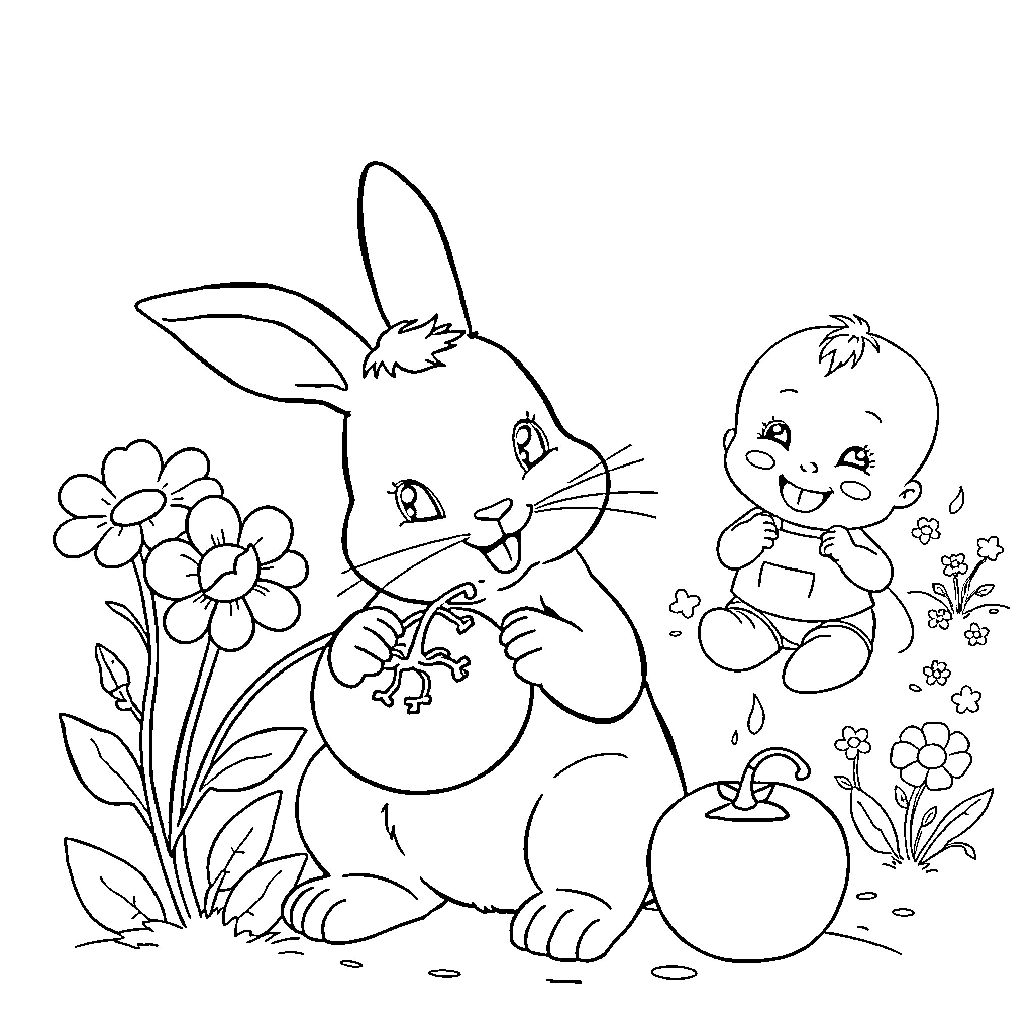 Bunny playing with chicks and flowers Coloring Page (free black-and-white line drawing printable PDF for all, from beginners to advanced learners, including children, teens, adults, and seniors)