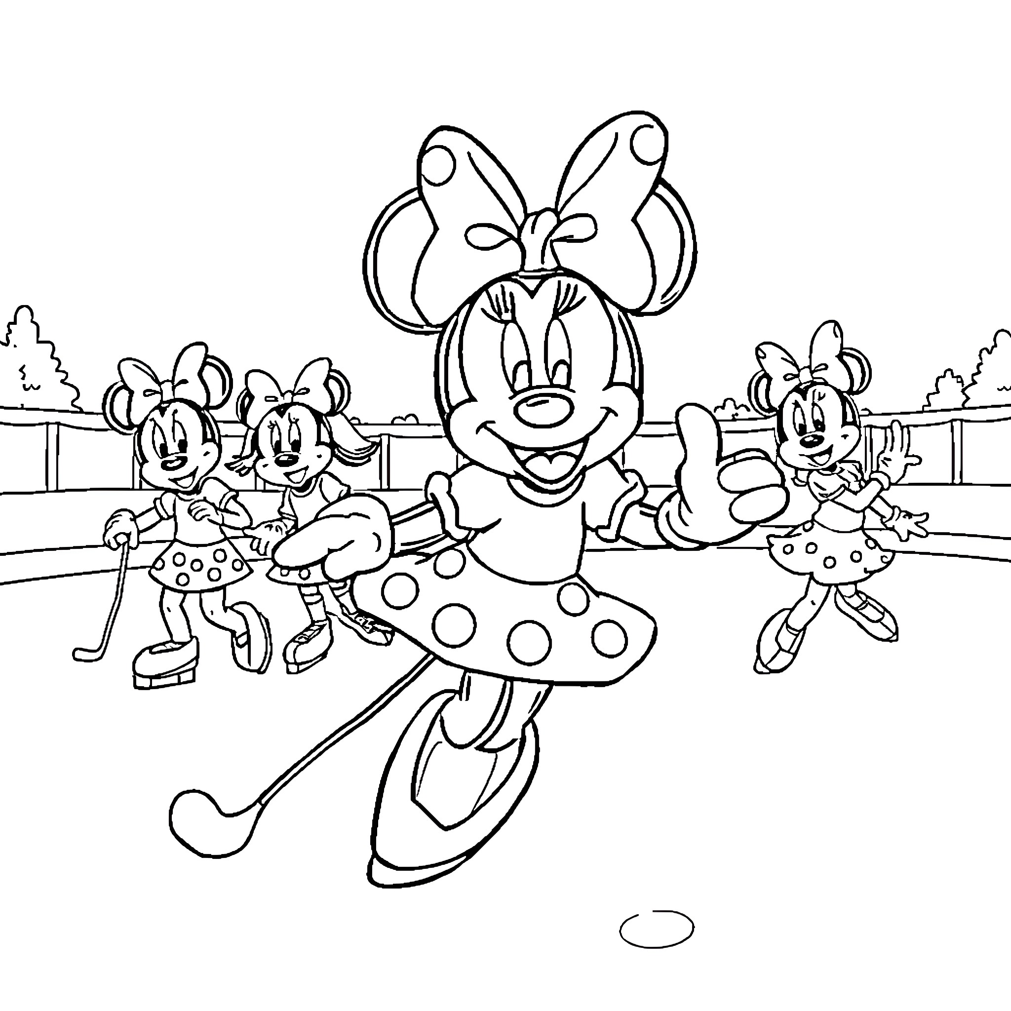 Minnie Mouse and friends playing outdoors Coloring Page (free black-and-white line drawing printable PDF for all, from beginners to advanced learners, including children, teens, adults, and seniors)