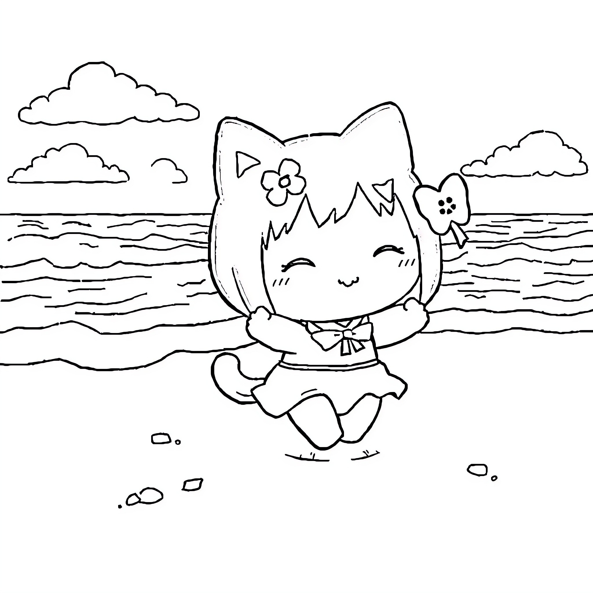 Kuromi enjoying a day at the beach Coloring Page (free black-and-white line drawing printable PDF for all, from beginners to advanced learners, including children, teens, adults, and seniors)