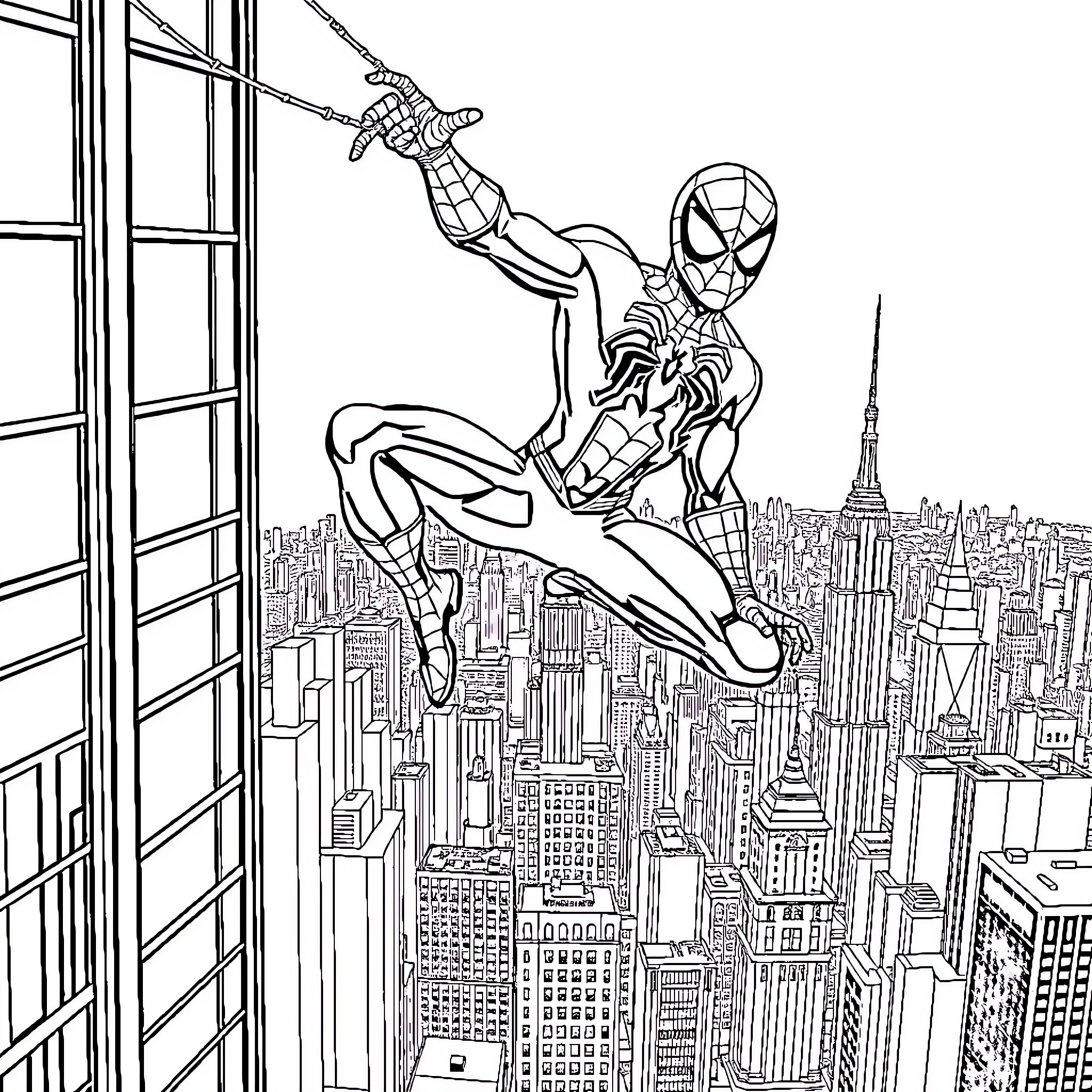Spiderman swinging through the city skyline Coloring Page (free black-and-white line drawing printable PDF for all, from beginners to advanced learners, including children, teens, adults, and seniors)