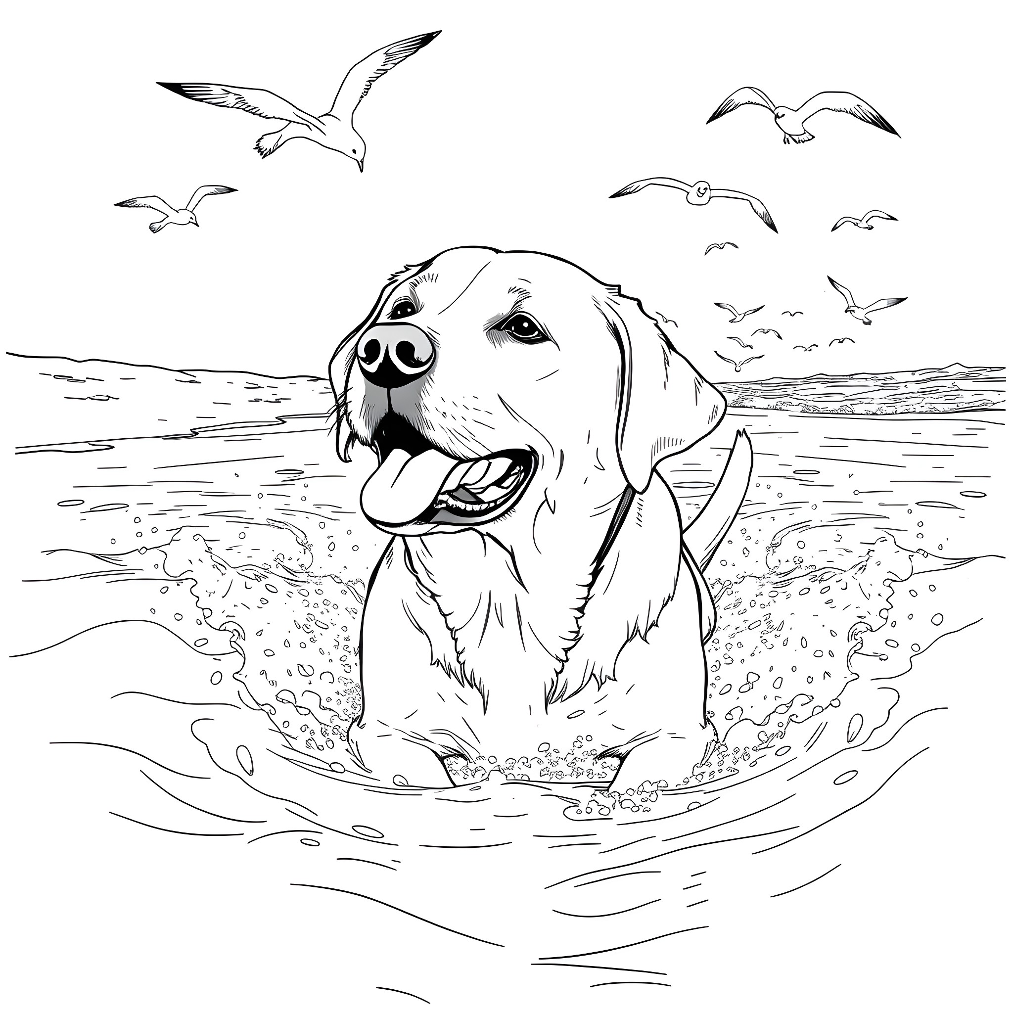 Labrador enjoying the beach with seagulls Coloring Page (free black-and-white line drawing printable PDF for all, from beginners to advanced learners, including children, teens, adults, and seniors)