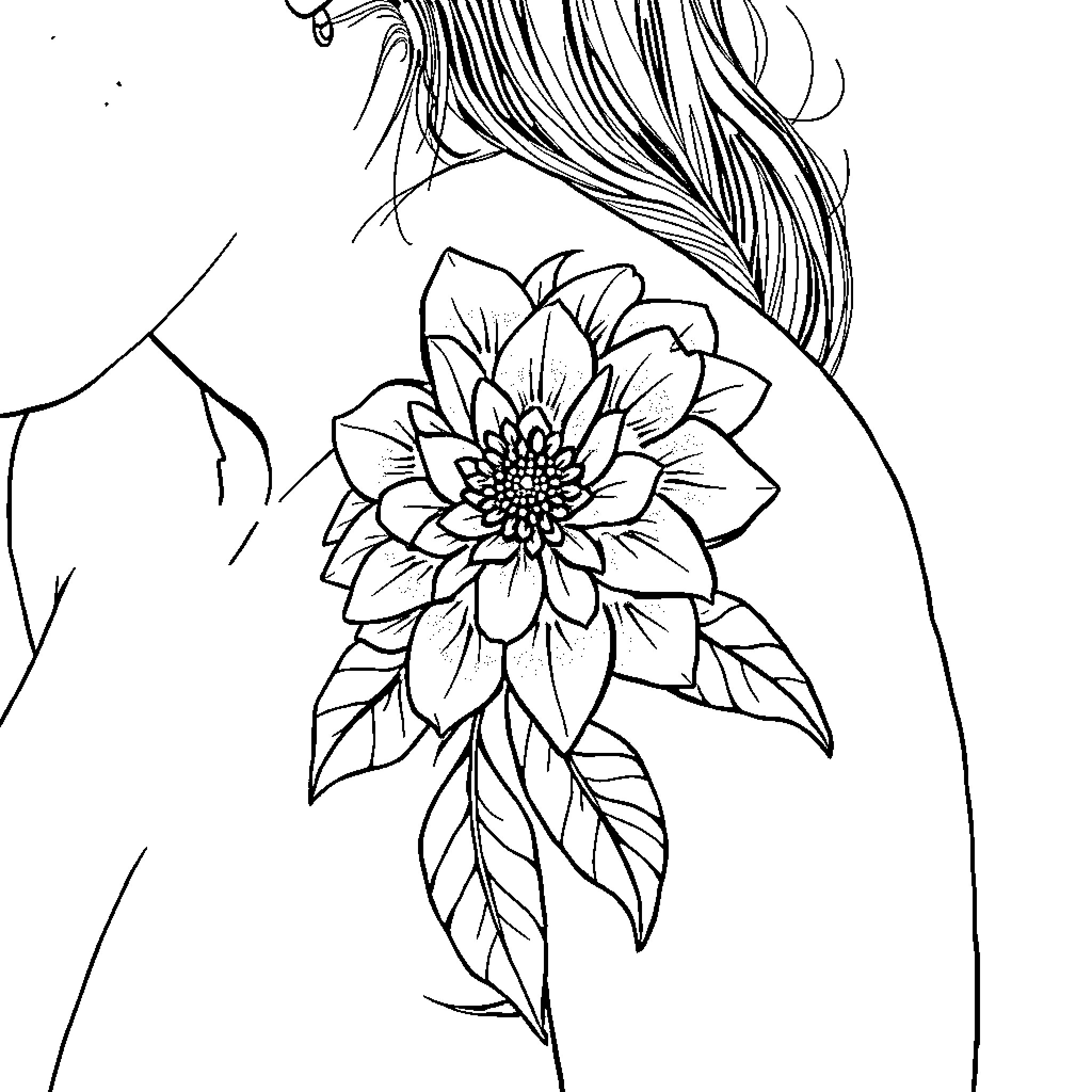 Tattoo featuring flowing hair and flower Coloring Page (free black-and-white line drawing printable PDF for all, from beginners to advanced learners, including children, teens, adults, and seniors)