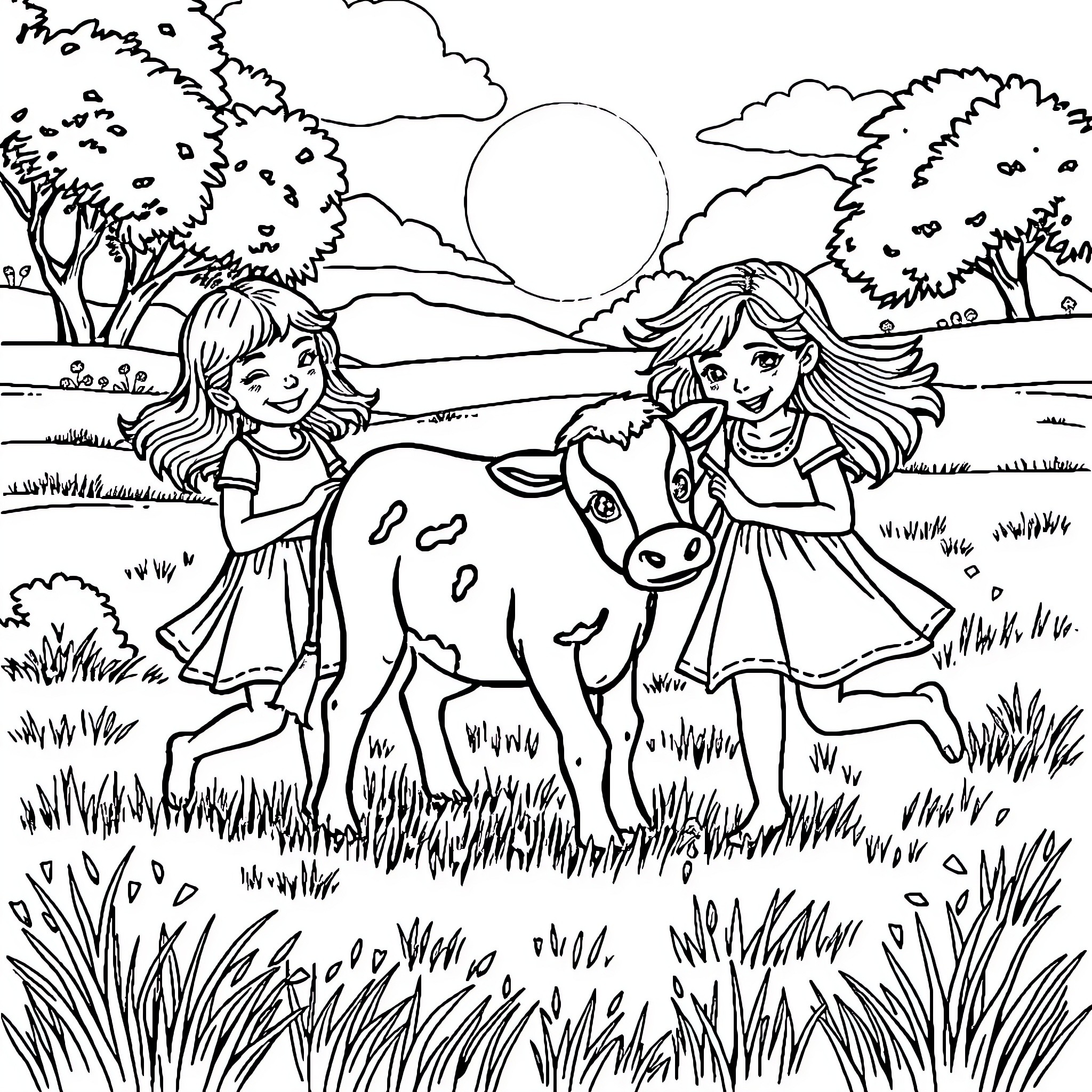 Girls playing with a cow in a rural setting Coloring Page (free black-and-white line drawing printable PDF for all, from beginners to advanced learners, including children, teens, adults, and seniors)
