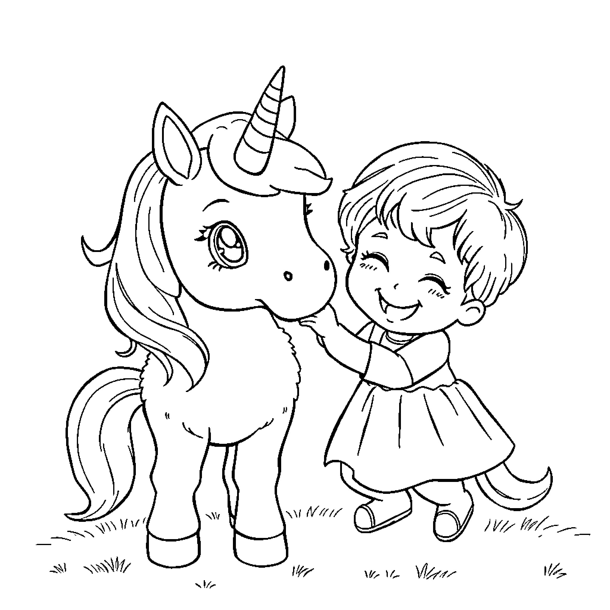 Unicorn and young girl playing together Coloring Page (free black-and-white line drawing printable PDF for all, from beginners to advanced learners, including children, teens, adults, and seniors)