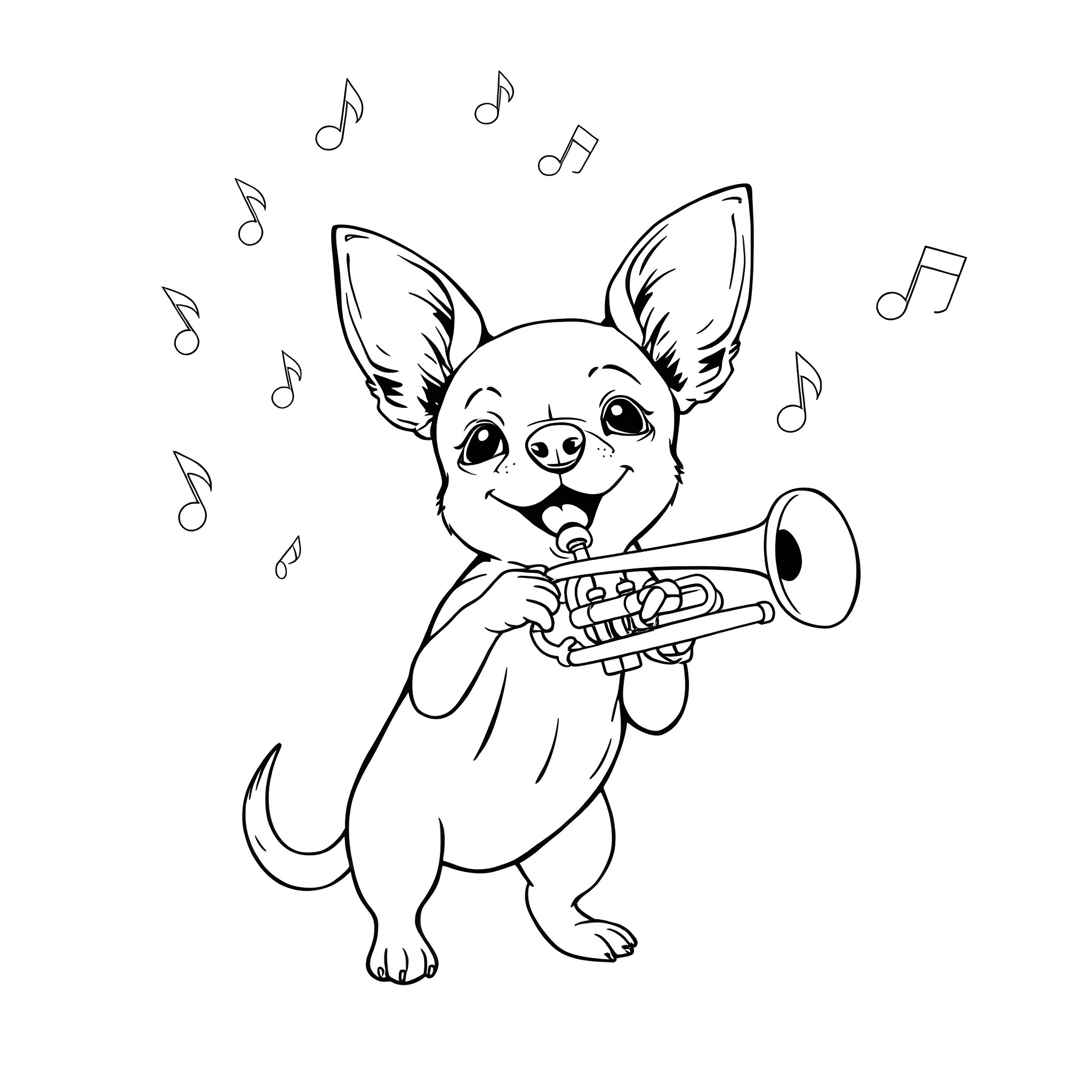 Chihuahua playing a musical instrument Coloring Page (free black-and-white line drawing printable PDF for all, from beginners to advanced learners, including children, teens, adults, and seniors)