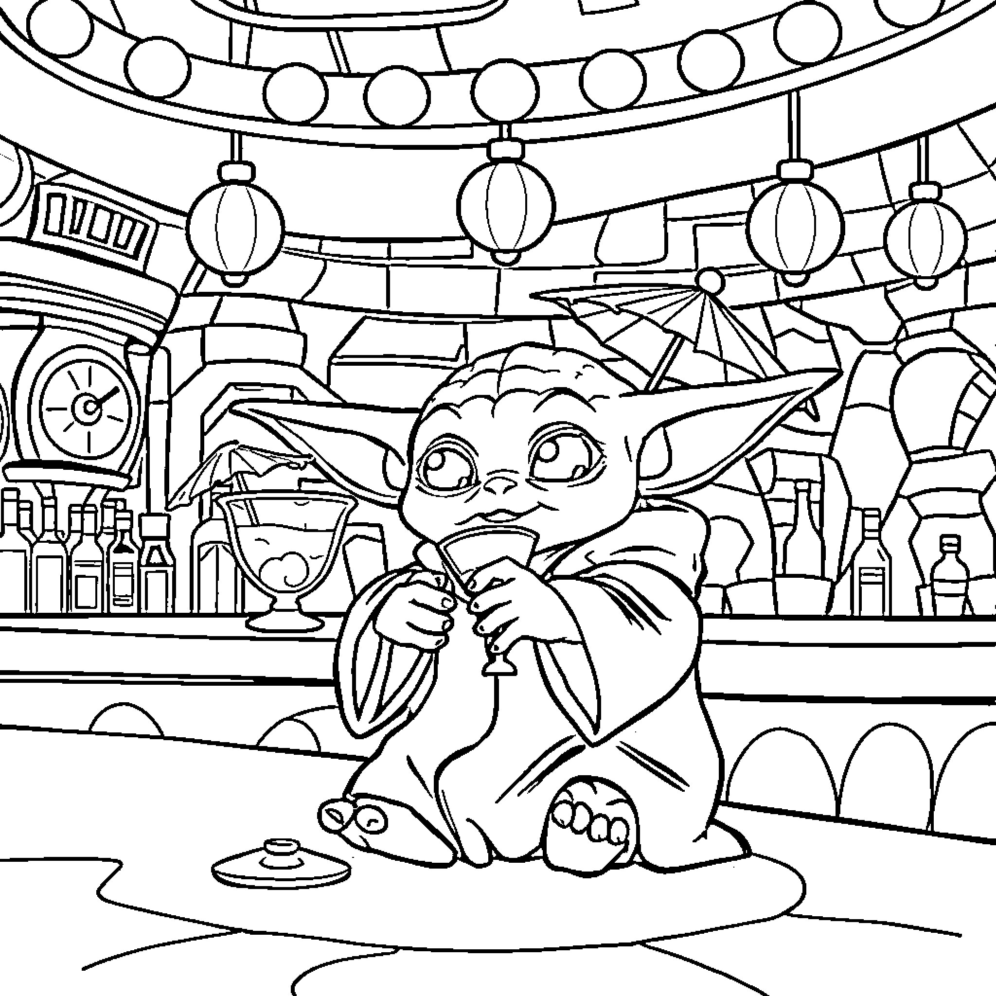 Baby Yoda enjoying the bustling cantina scene Coloring Page (free black-and-white line drawing printable PDF for all, from beginners to advanced learners, including children, teens, adults, and seniors)