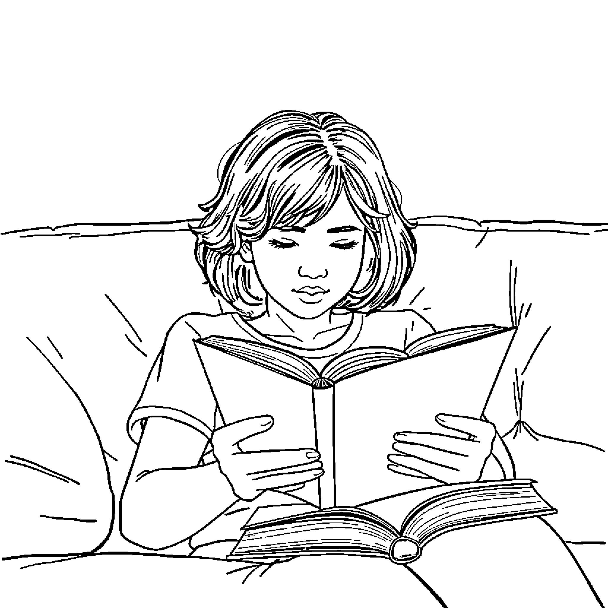 Teenager intently reading books in quiet setting Coloring Page (free black-and-white line drawing printable PDF for all, from beginners to advanced learners, including children, teens, adults, and seniors)