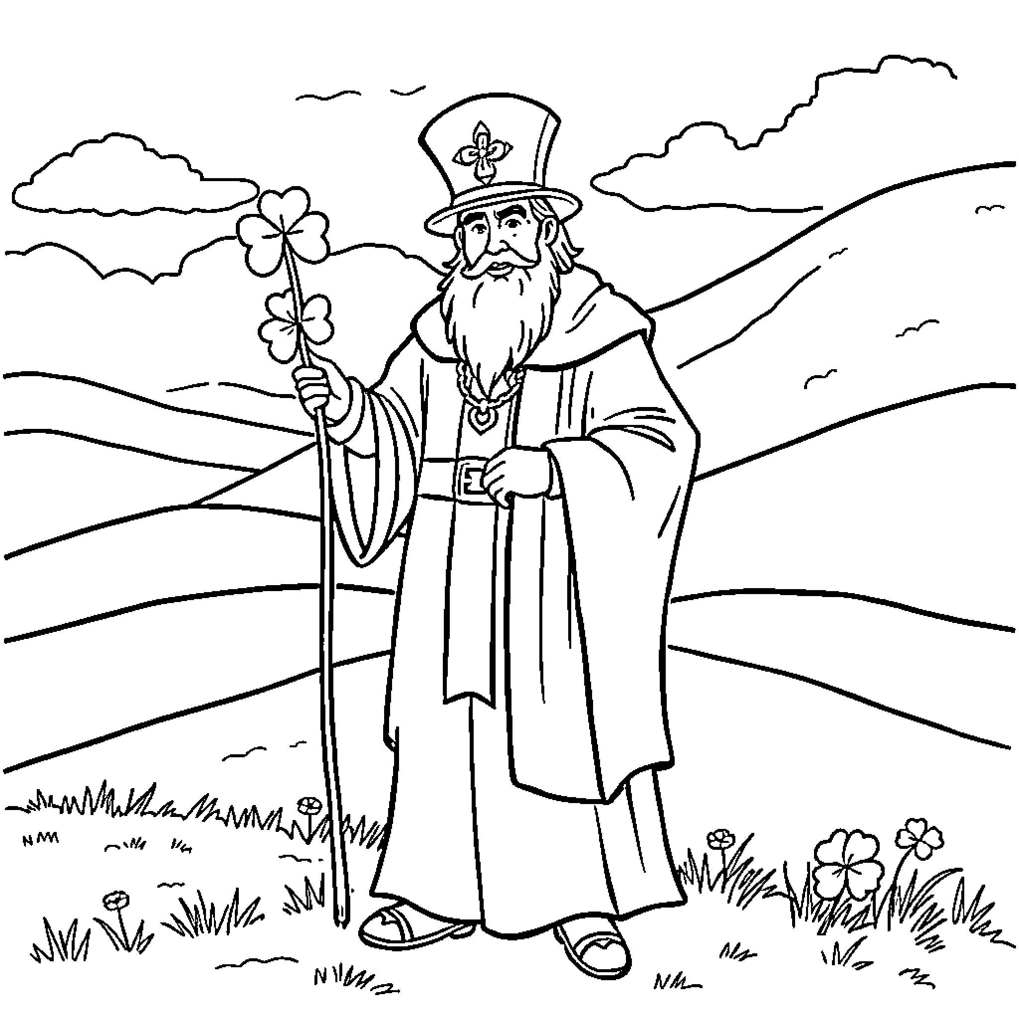 St. Patrick blessing the Irish landscape Coloring Page (free black-and-white line drawing printable PDF for all, from beginners to advanced learners, including children, teens, adults, and seniors)